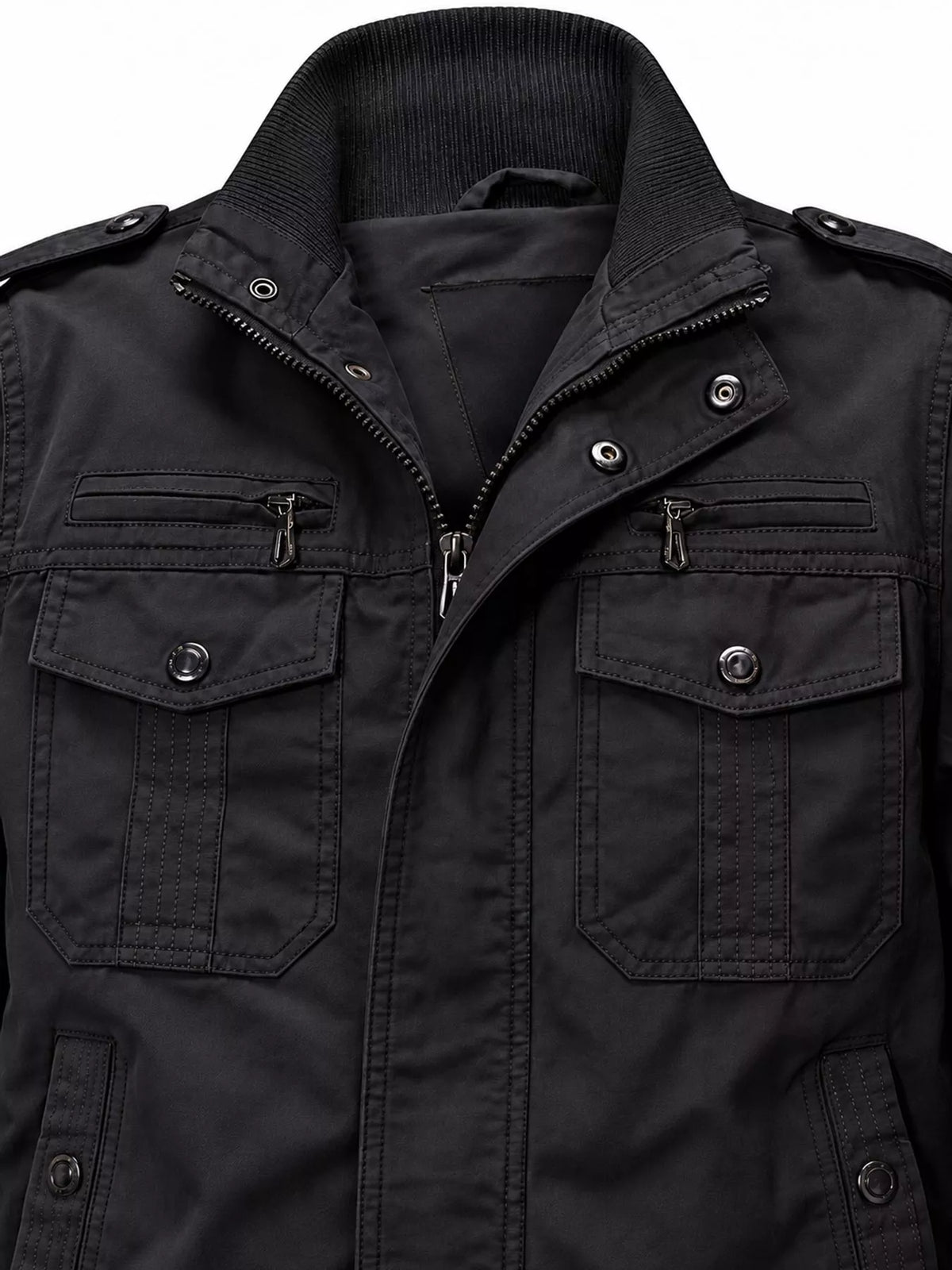 Multi-Pocket Tactical Bomber Jacket — garment construction details