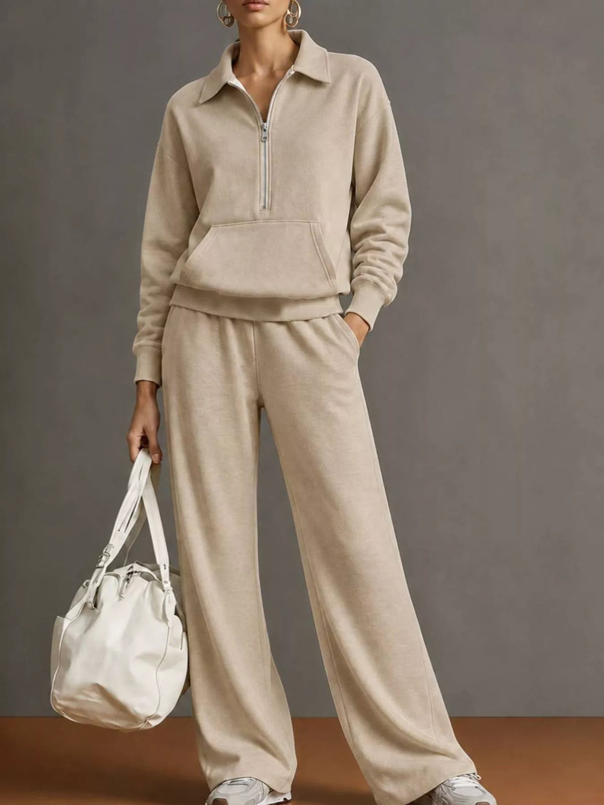 Half Zip Long Sleeve Top and Pants Set — front view