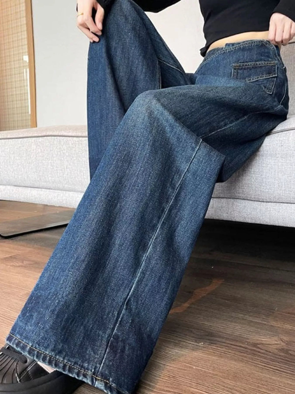 Asymmetric Waist Wide-Leg Jeans — construction details