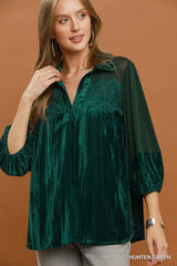 Trendsi Umgee Velvet Lace Detail Mixed Fabric Blouse -