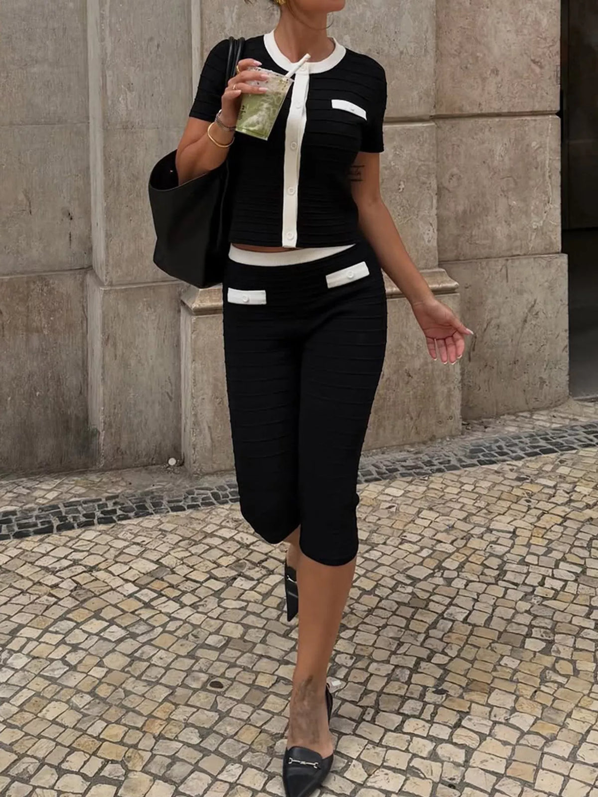 Contrast Trim Short Sleeve Top and Capris Set in black and white, front view