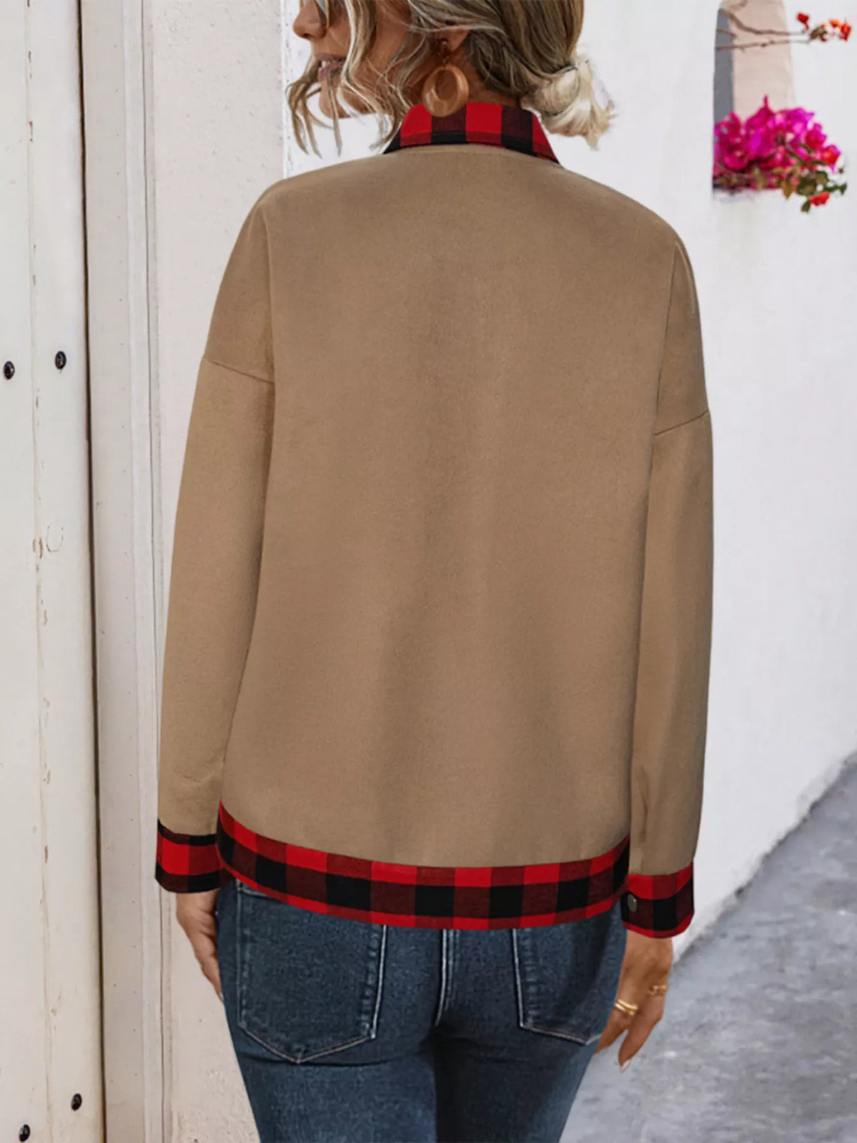 Tan plaid-trim overshirt, back on model