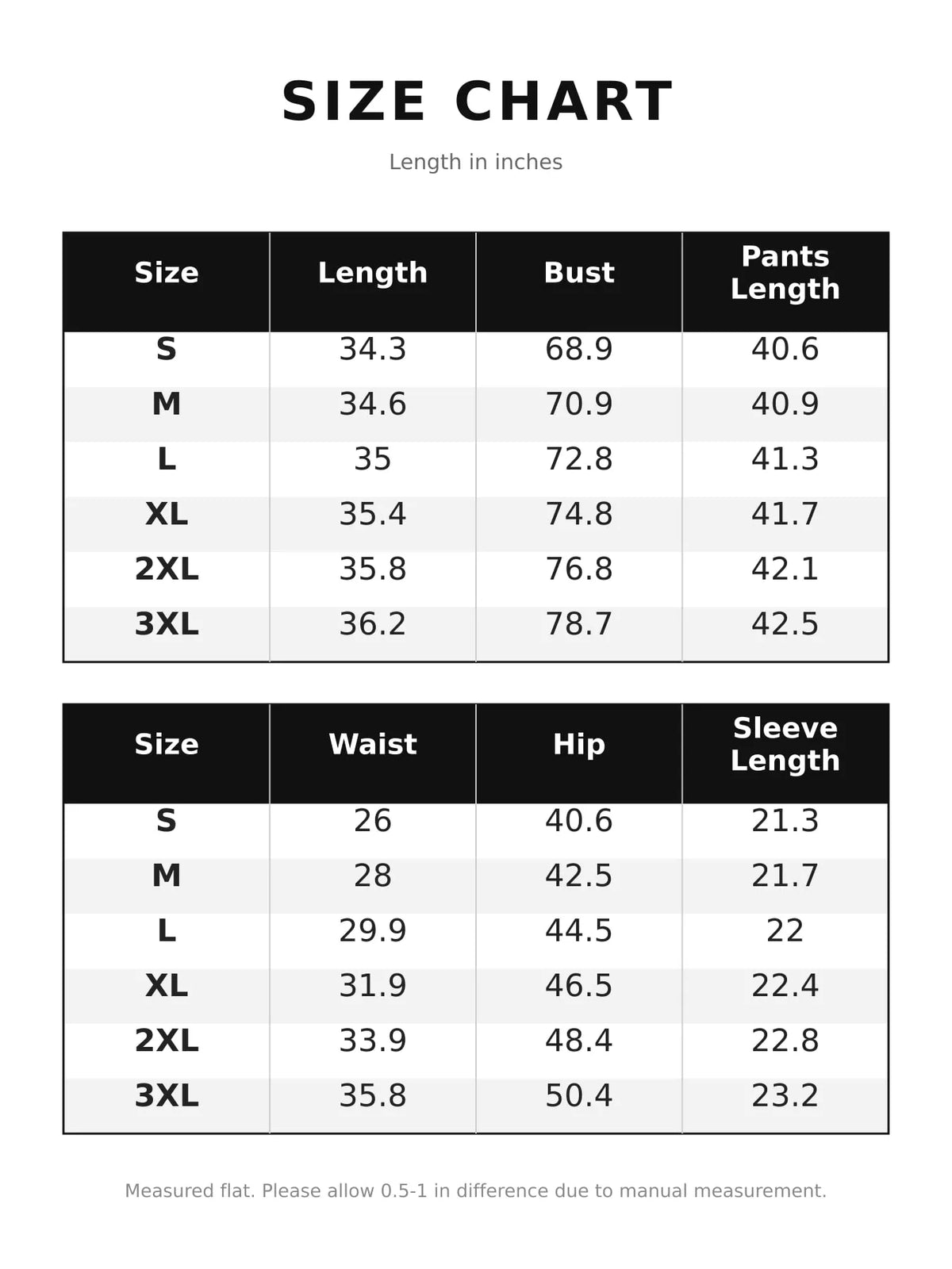 Size chart for poncho and pants set