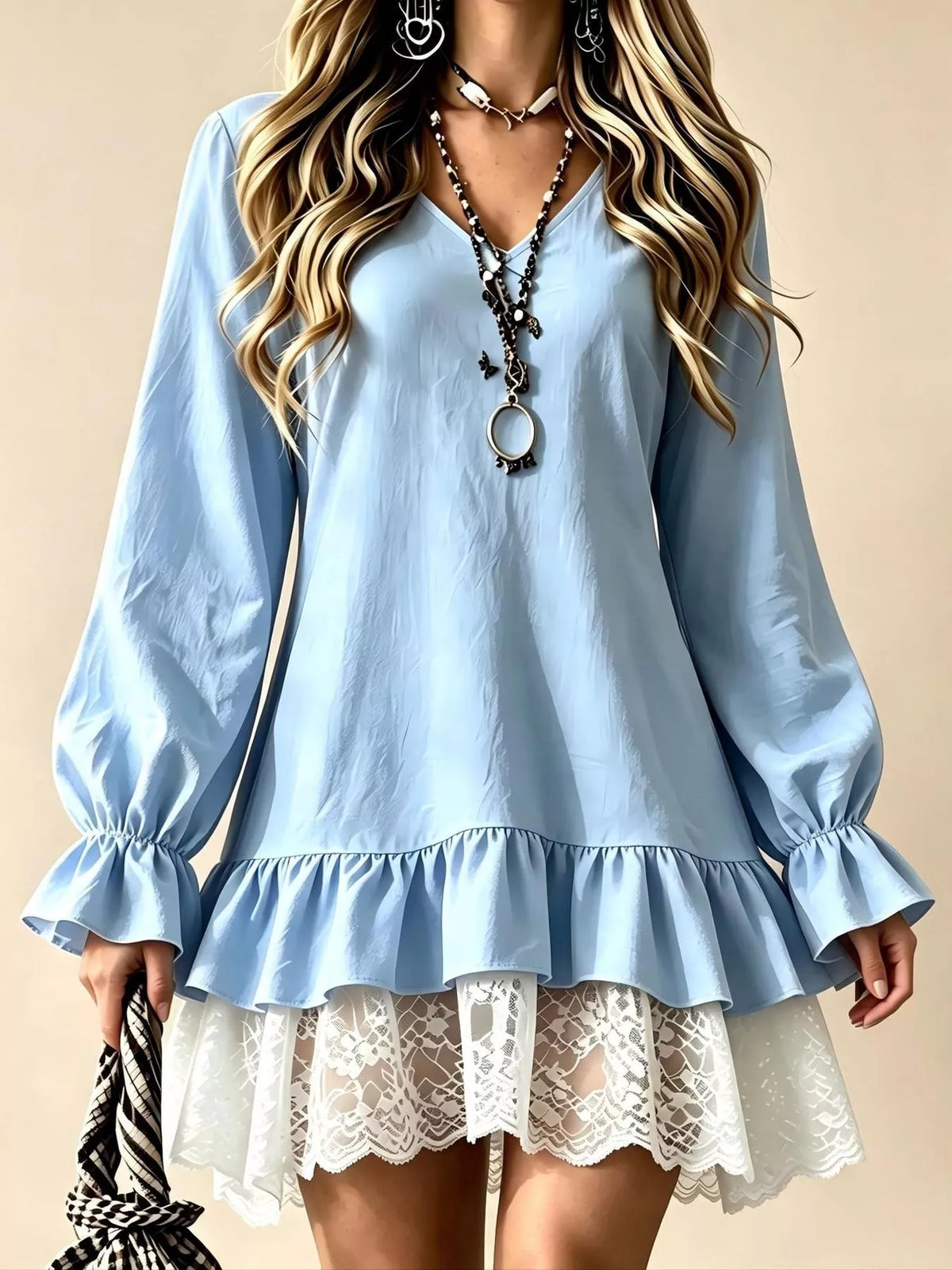 Lace-hem dress, blue front