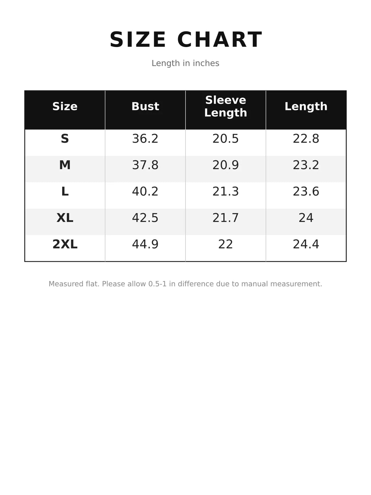 Hooded long sleeve cardigan, size and measurement chart