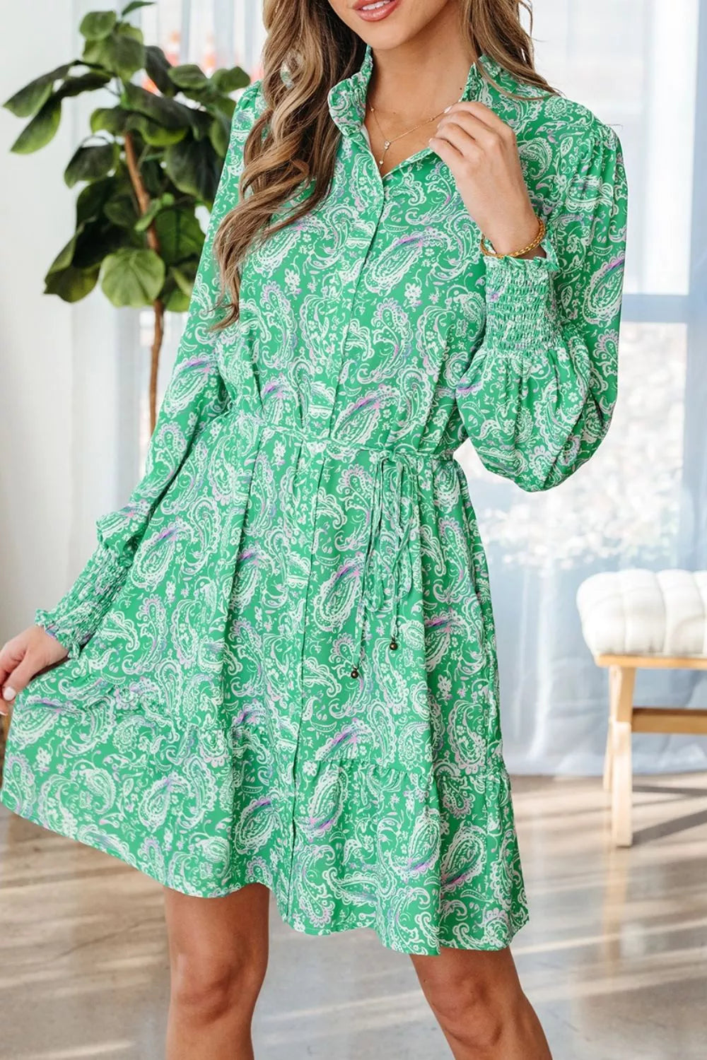 Trendsi Paisley Print Button-Up Mini Dress with Smocked Cuffs -
