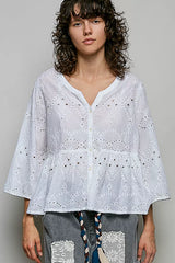 Trendsi POL Eyelet Embroidery Peplum Button Front Cotton Shirt -