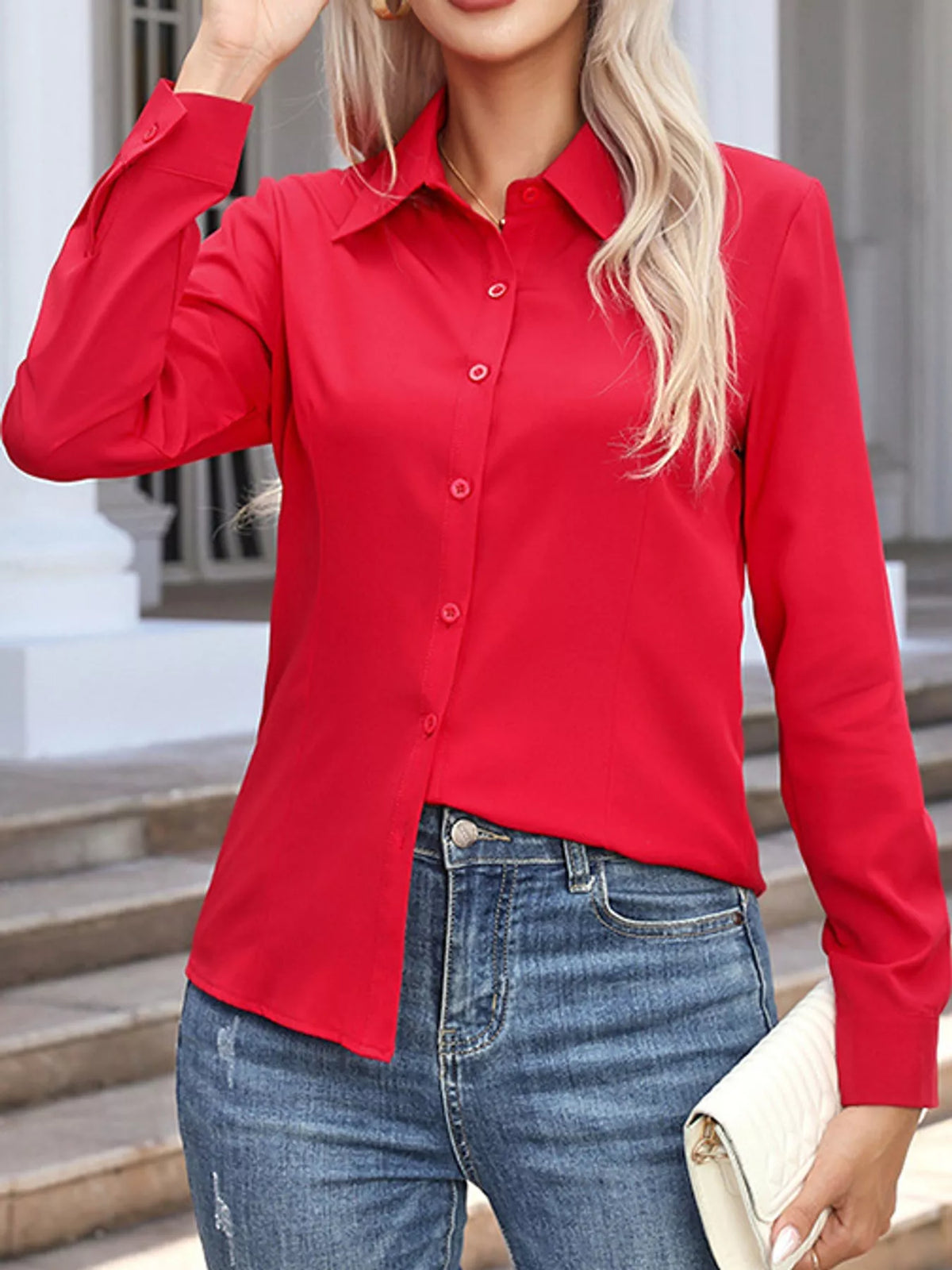 Red button-down long sleeve shirt