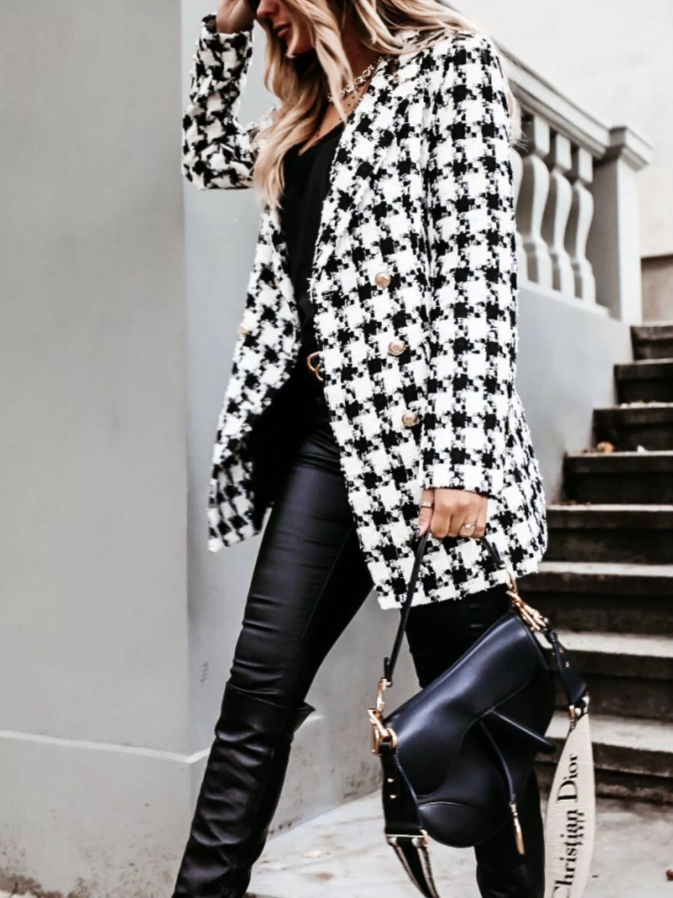 Trendsi Plaid Tweed Double-Breasted Coat -