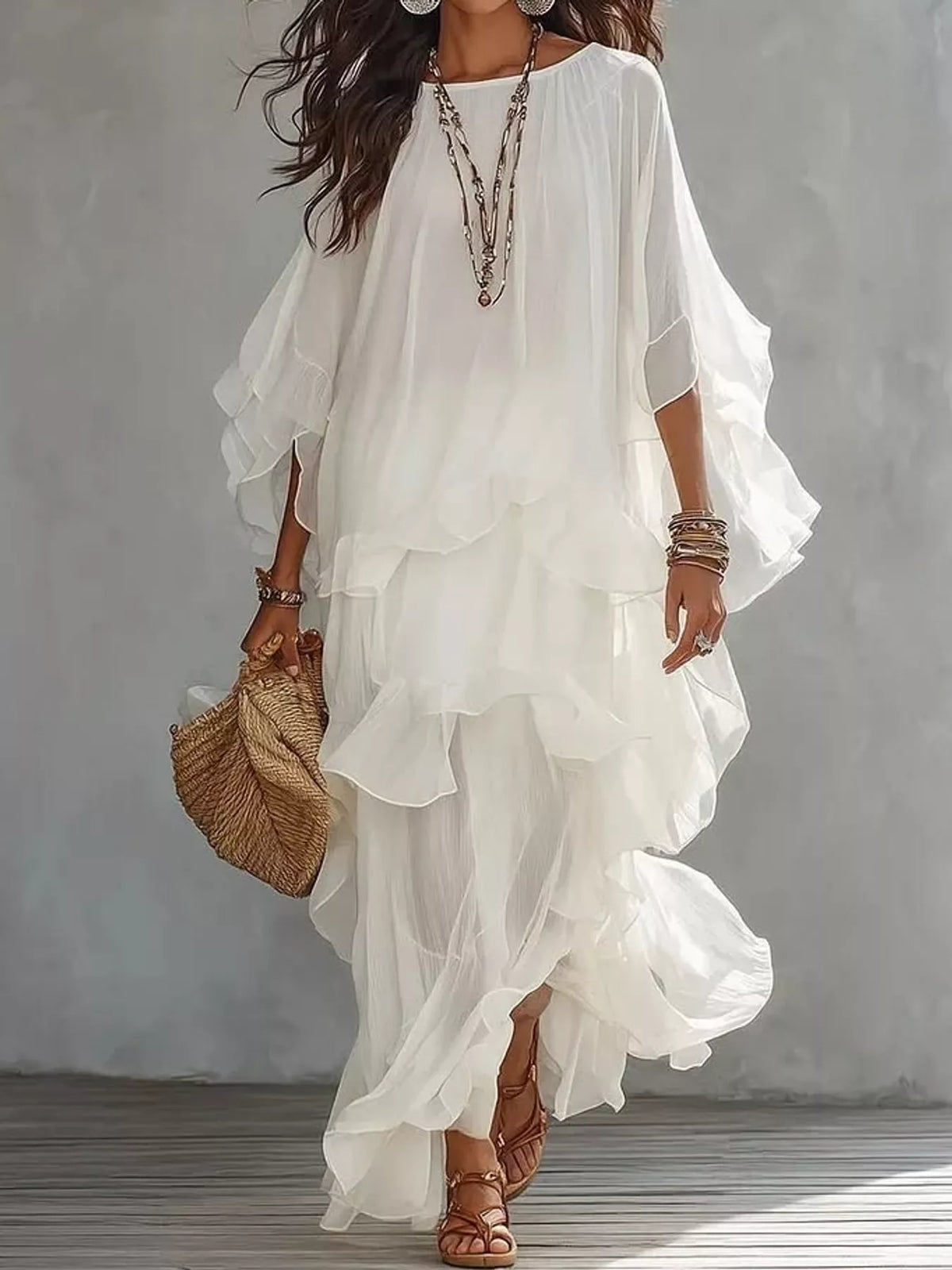 White ruffled layered bohemian maxi dress, front view