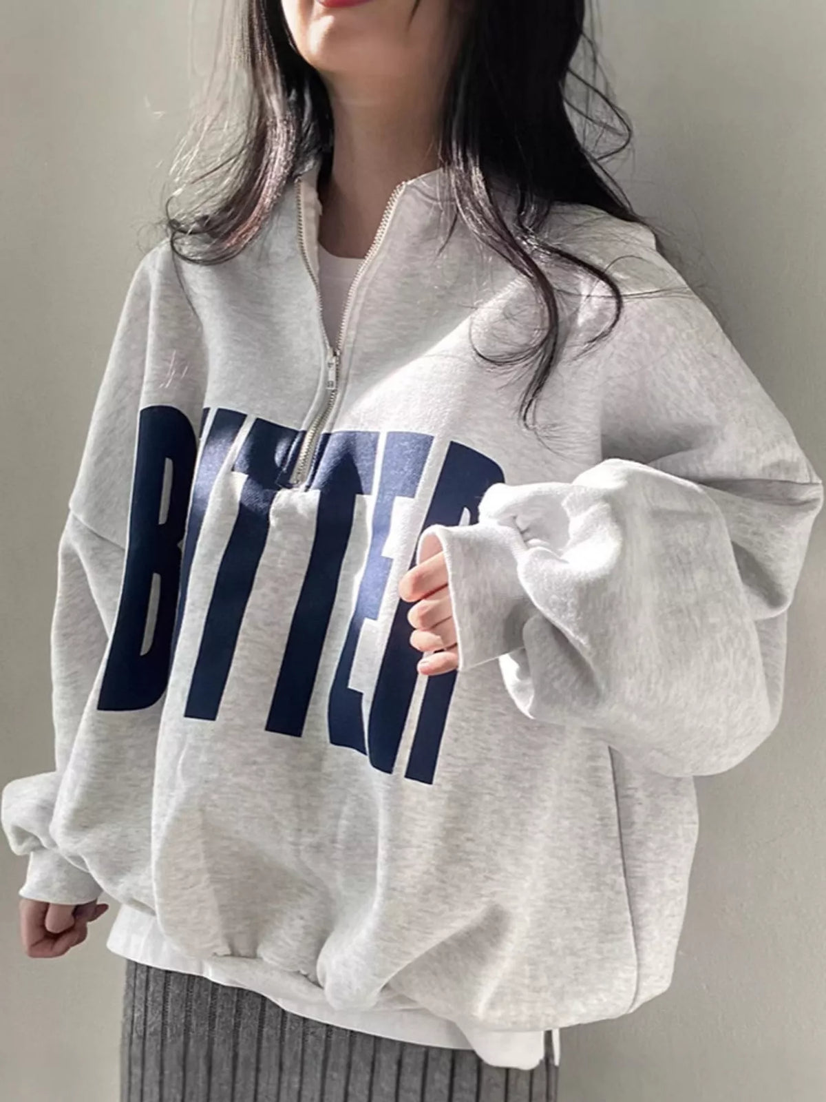Women's Half-Zip Letter Graphic Sweatshirt in gray — front view