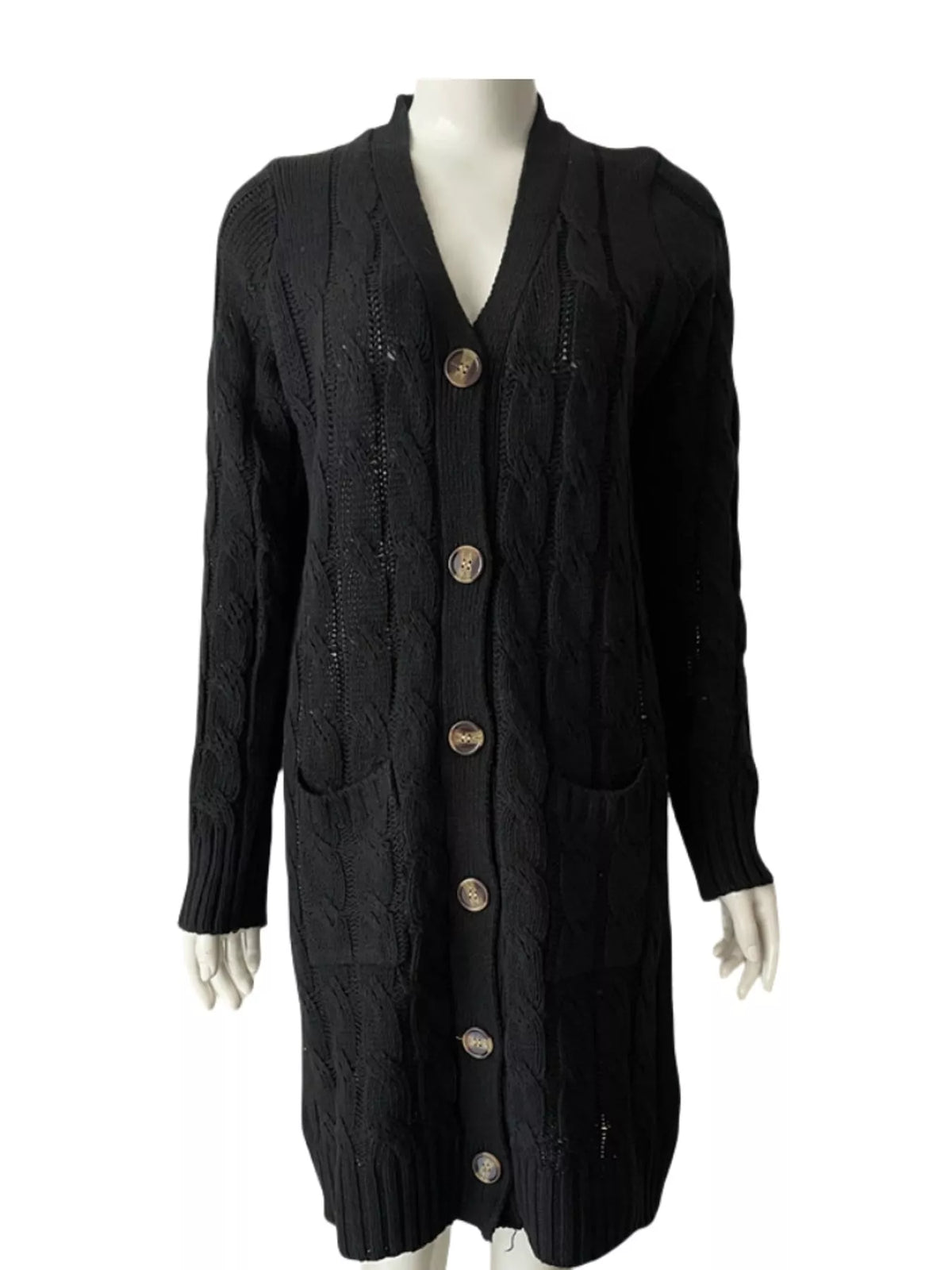 Cable Knit Button-Down Cardigan with Pockets — garment front