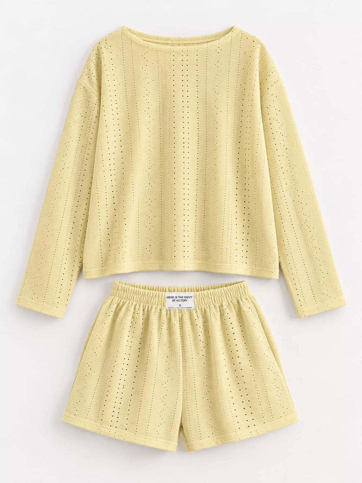 Eyelet Long Sleeve Top and Shorts Lounge Set in yellow