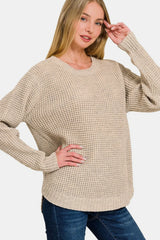 Trendsi Zenana High Low Long Sleeve Waffle Sweater -