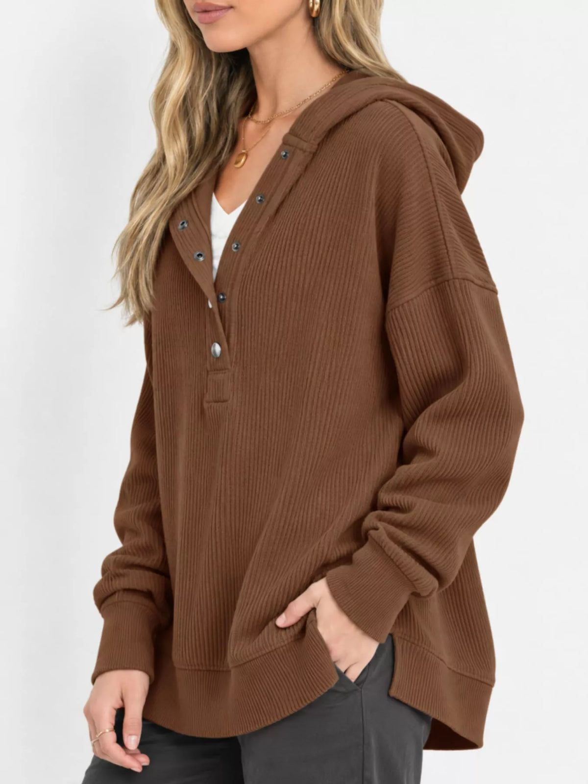 Women's Snap Button Placket Dropped Shoulder Hoodie in brown — side view
