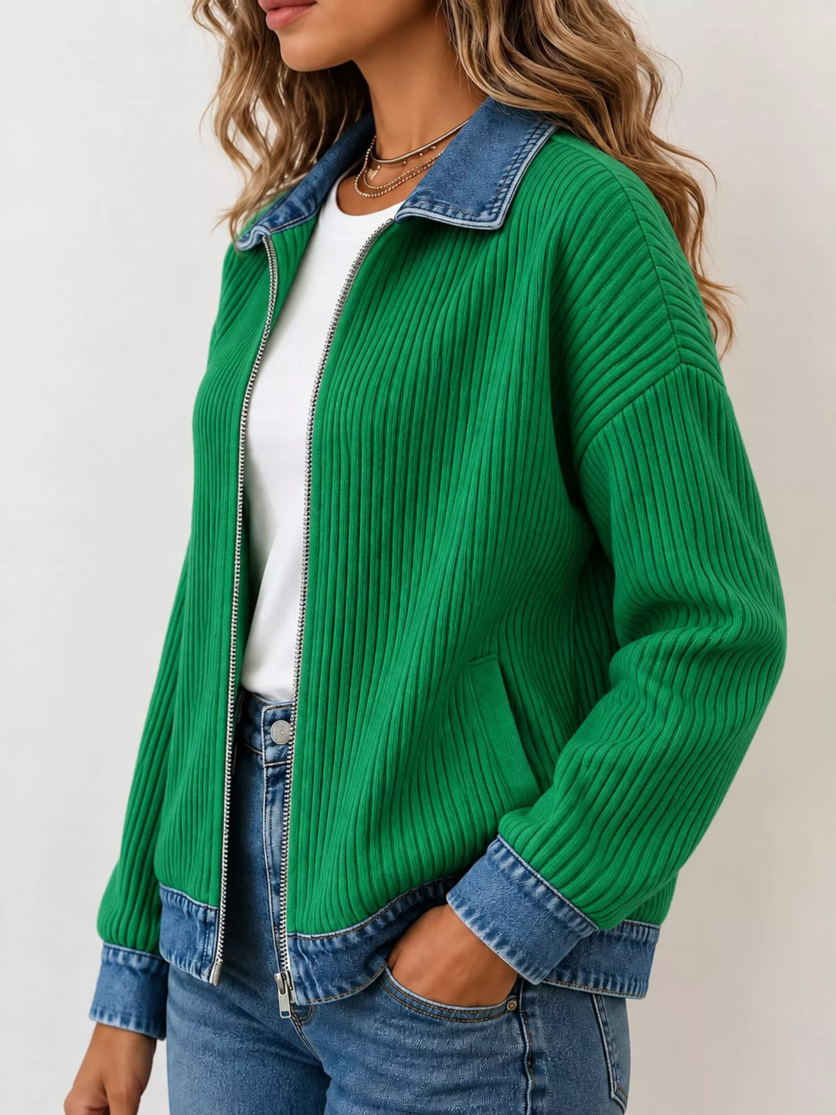 Green denim-collar ribbed knit zip-up jacket — side view