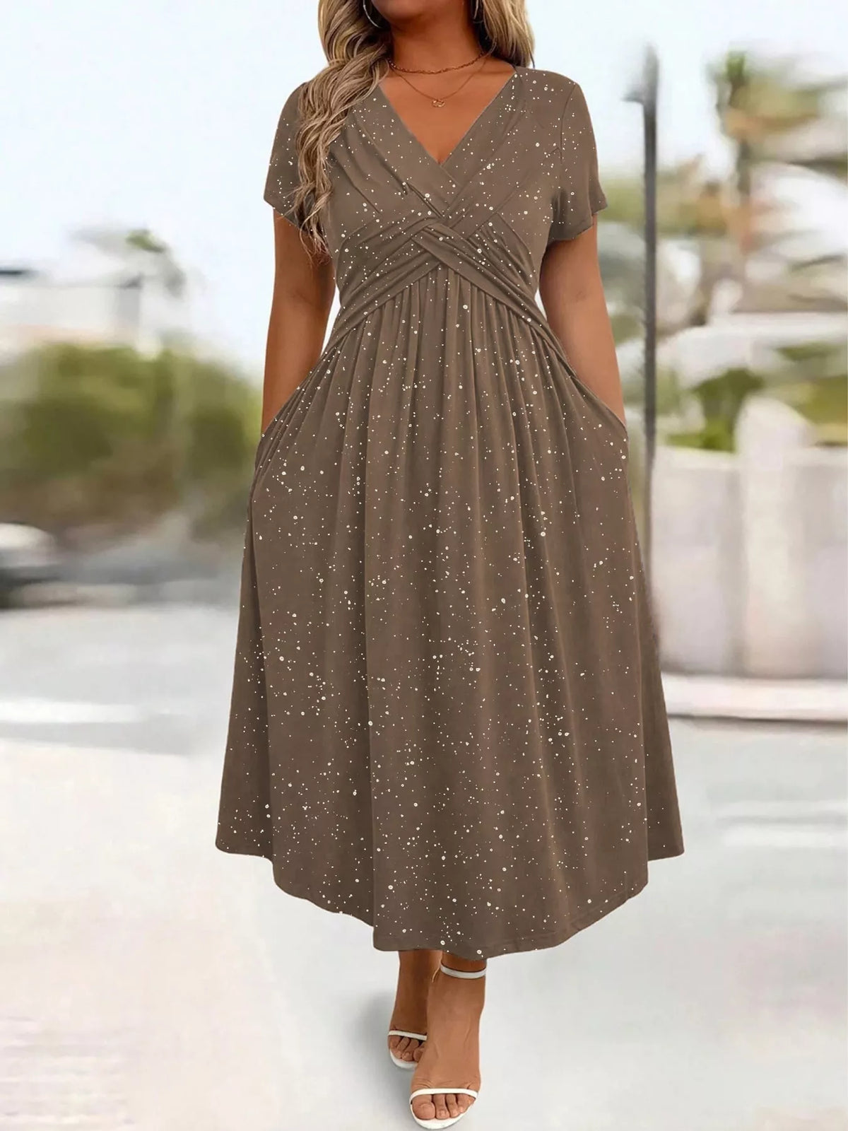 Brown speckled short sleeve midi dress with pockets, front view