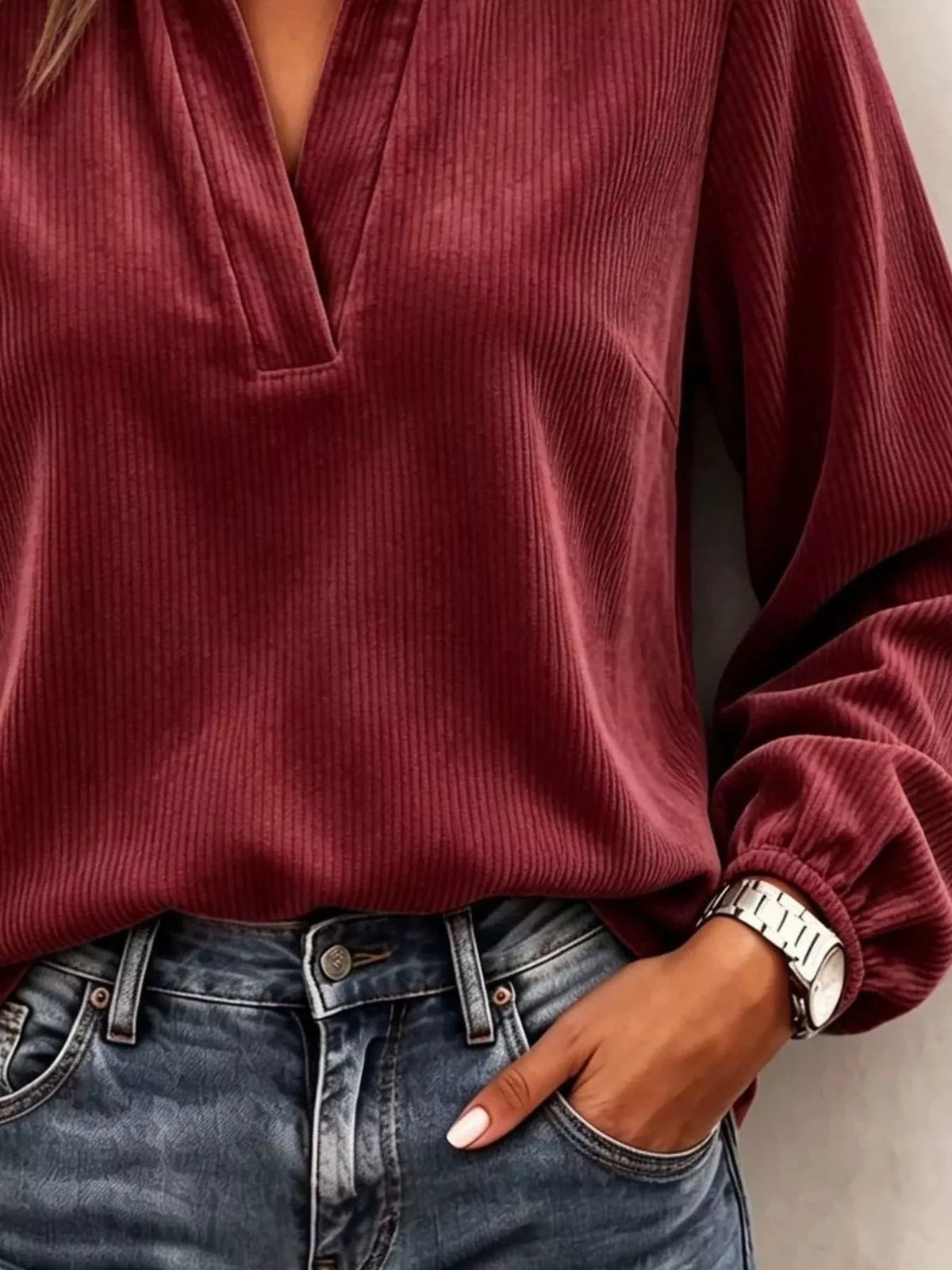 Corduroy-look notched long-sleeve top
