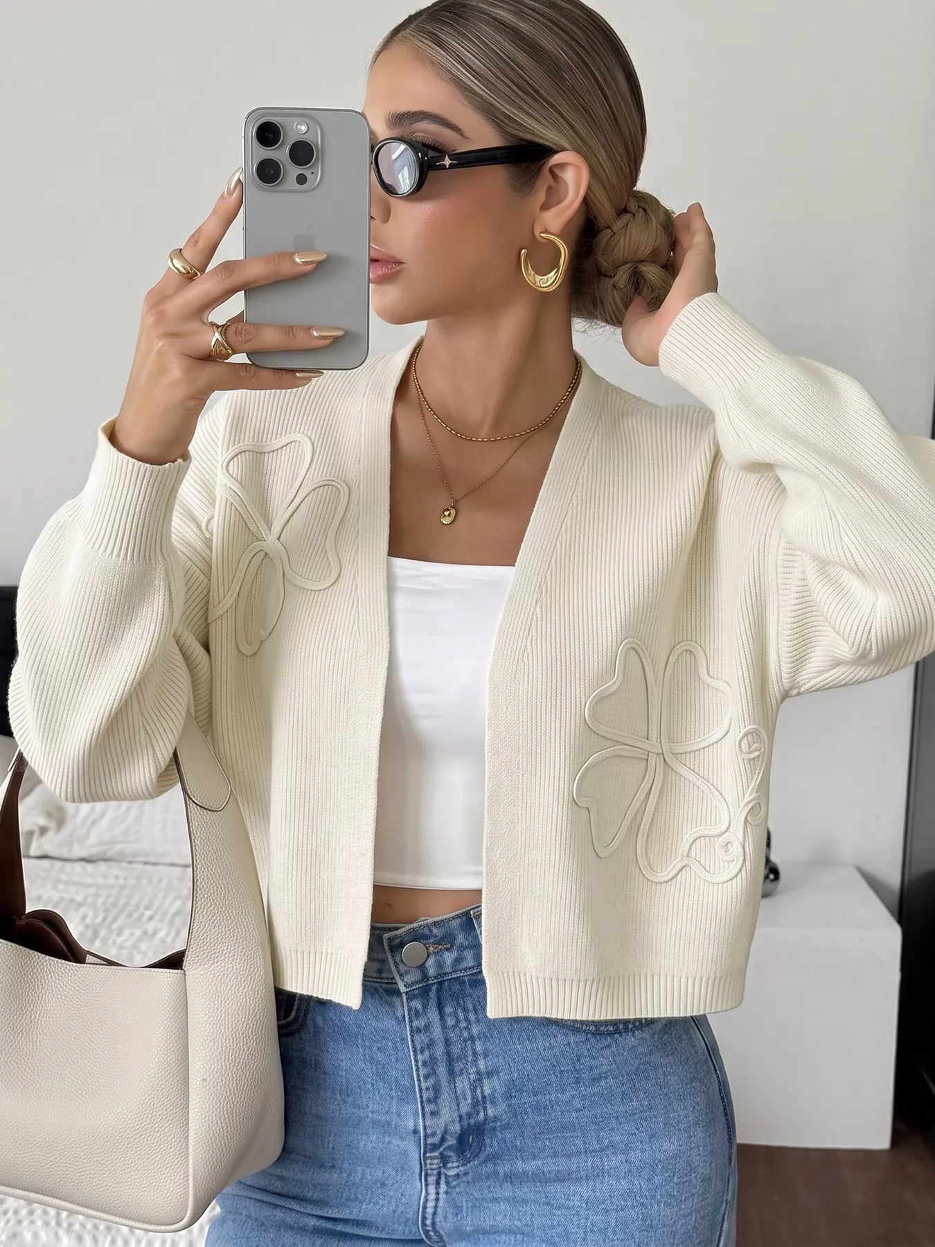 Trendsi Four-Leaf Clover Open Front Cardigan -