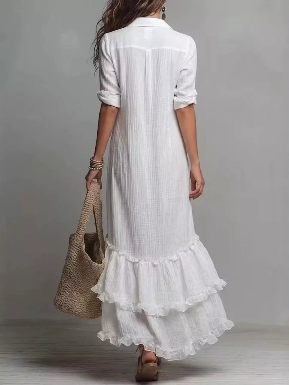 Button-Down Ruffled High-Low Maxi Dress, back view