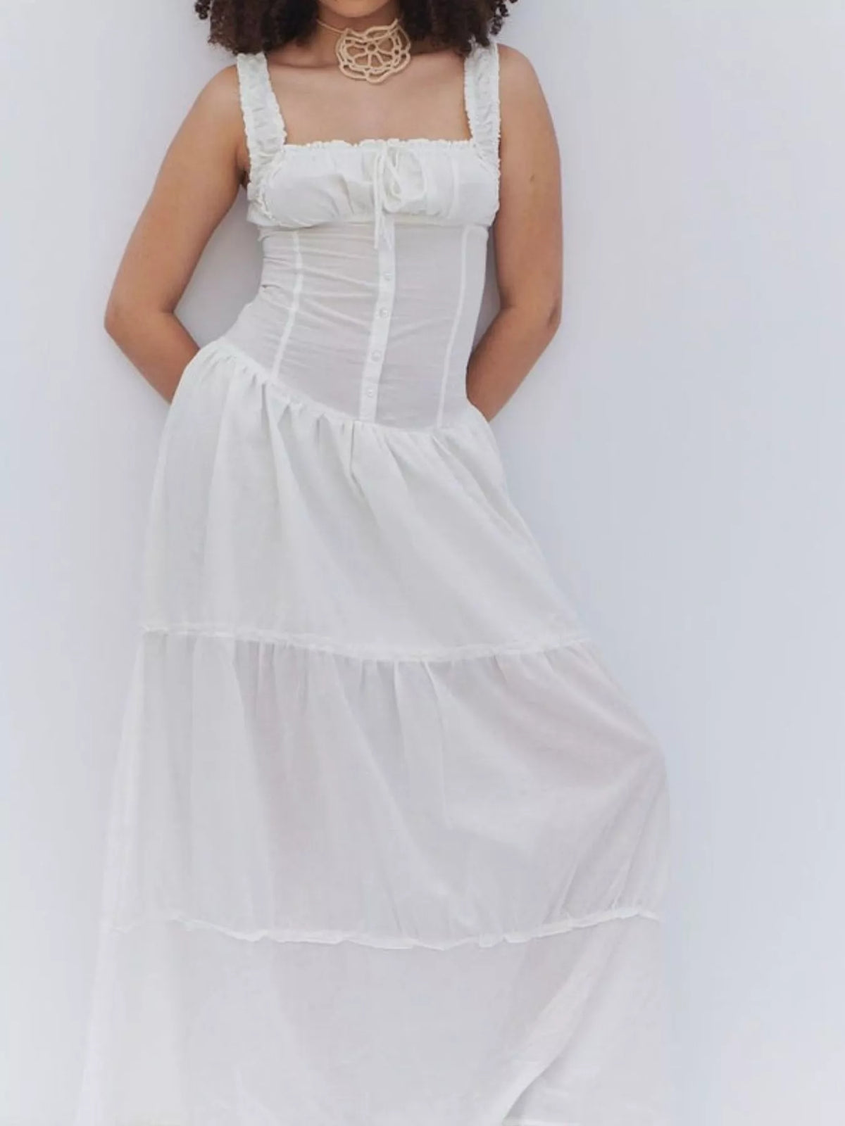 Women's Ruffled Square Neck Tiered Maxi Dress in white — front view