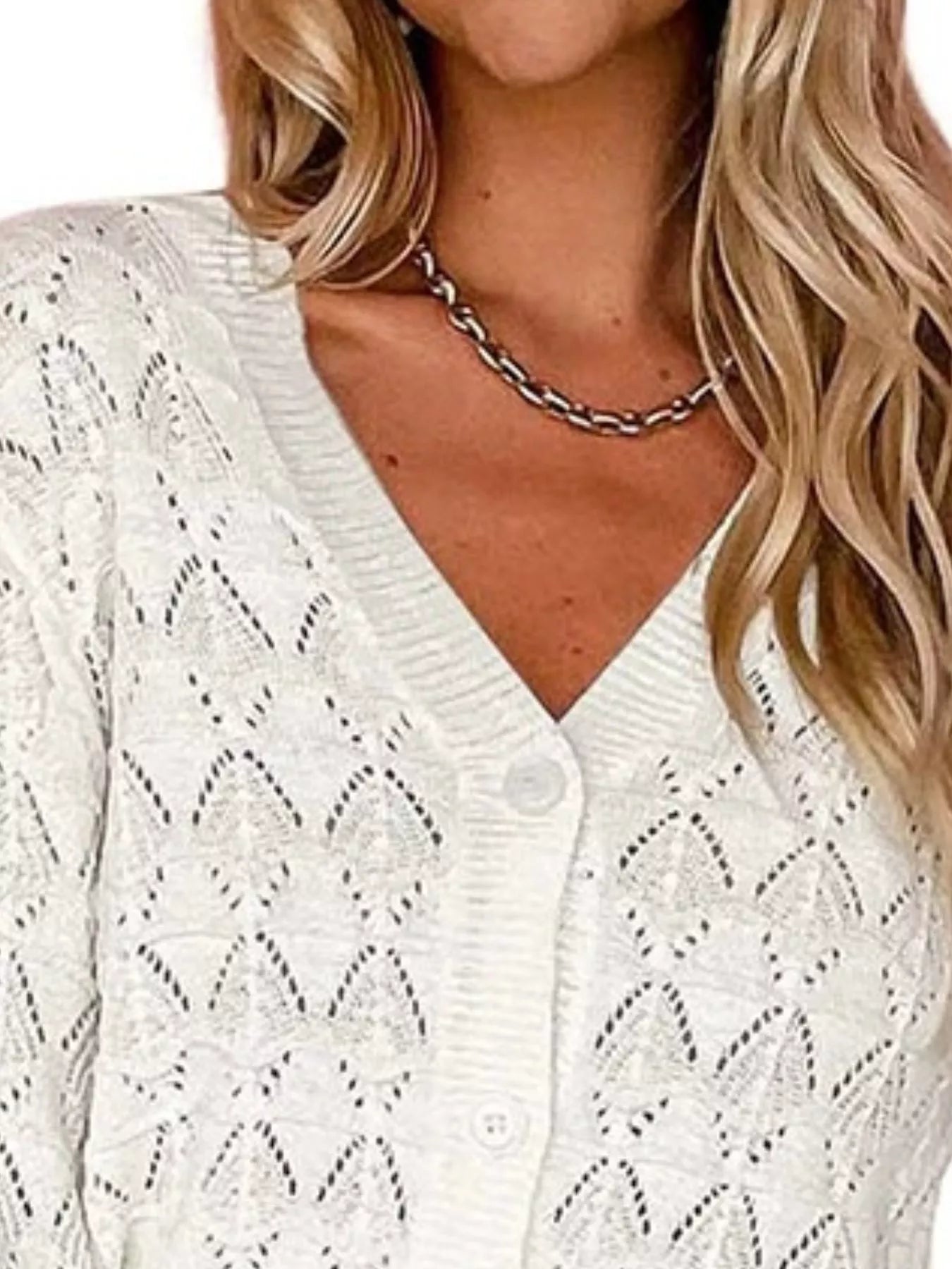 Trendsi Chic V-Neck Openwork Button-Down Knit Cardigan -