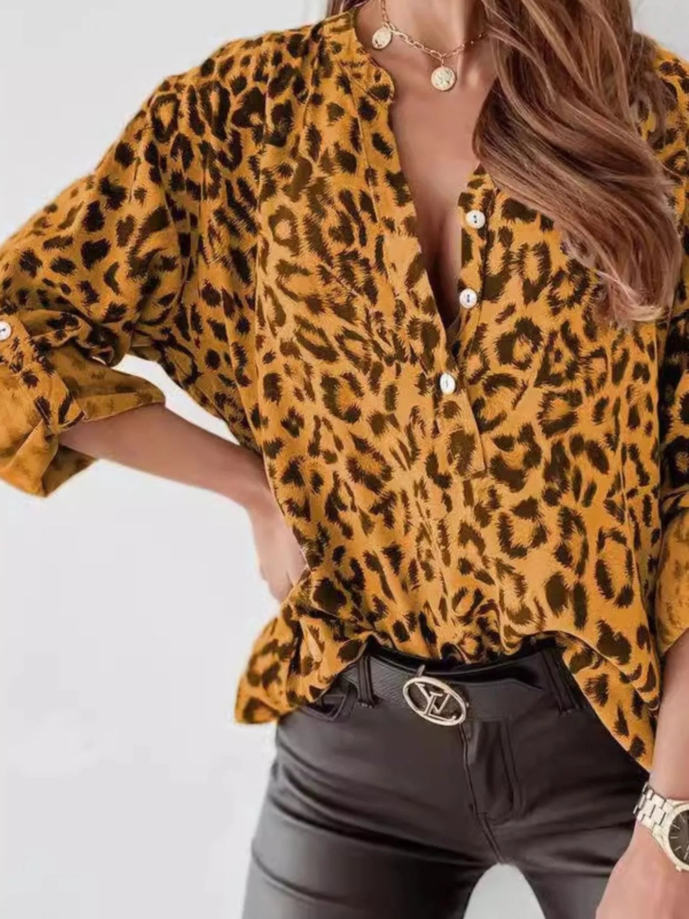 Trendsi Leopard Print Button Detail Blouse -