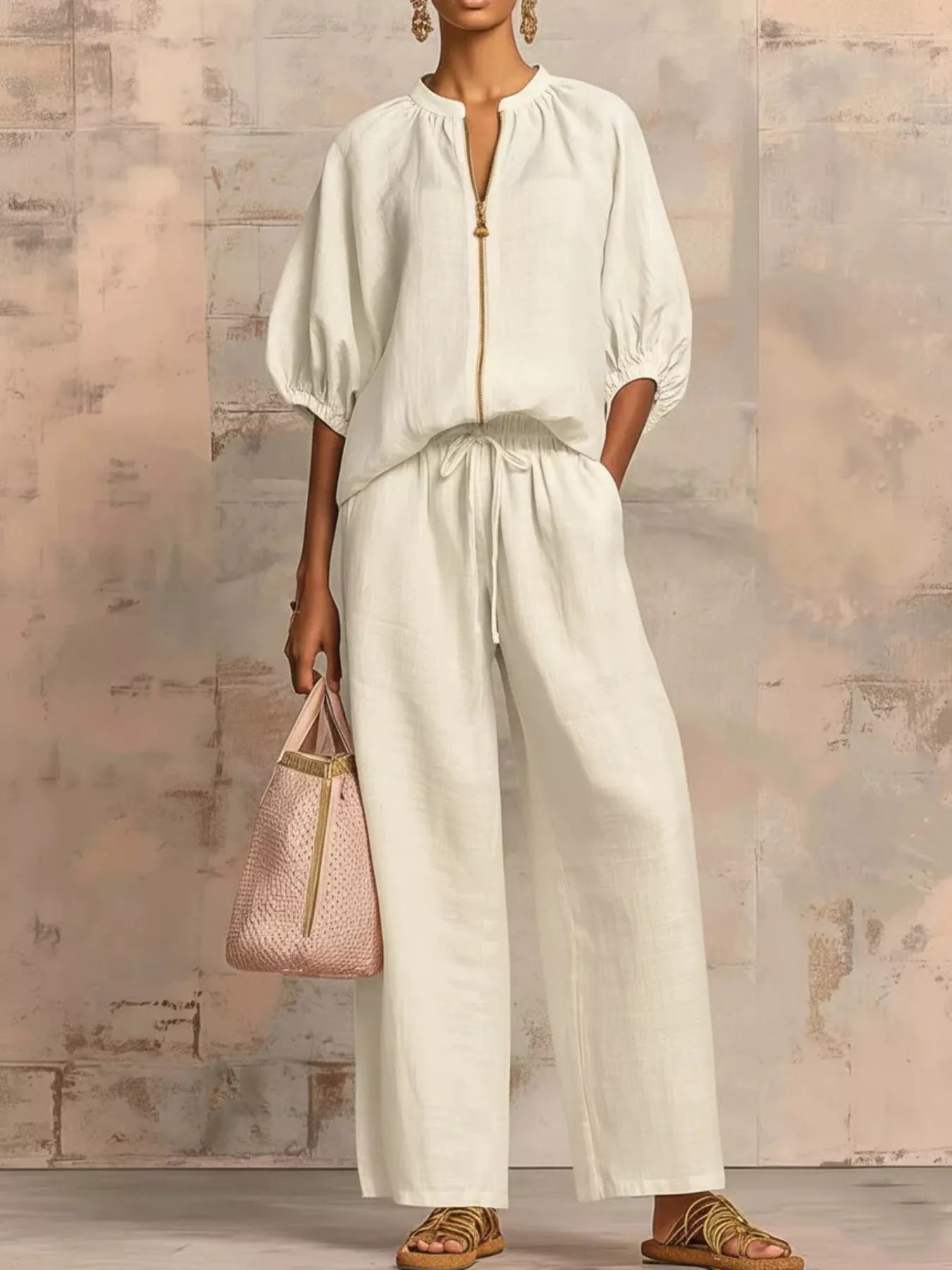 Zip-front top and wide-leg pants set