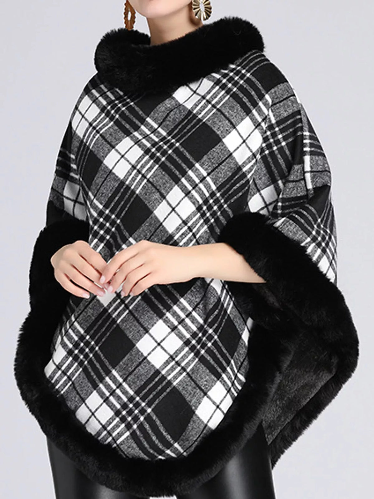 Black And White-Plaid plaid faux fur trimmed poncho cape