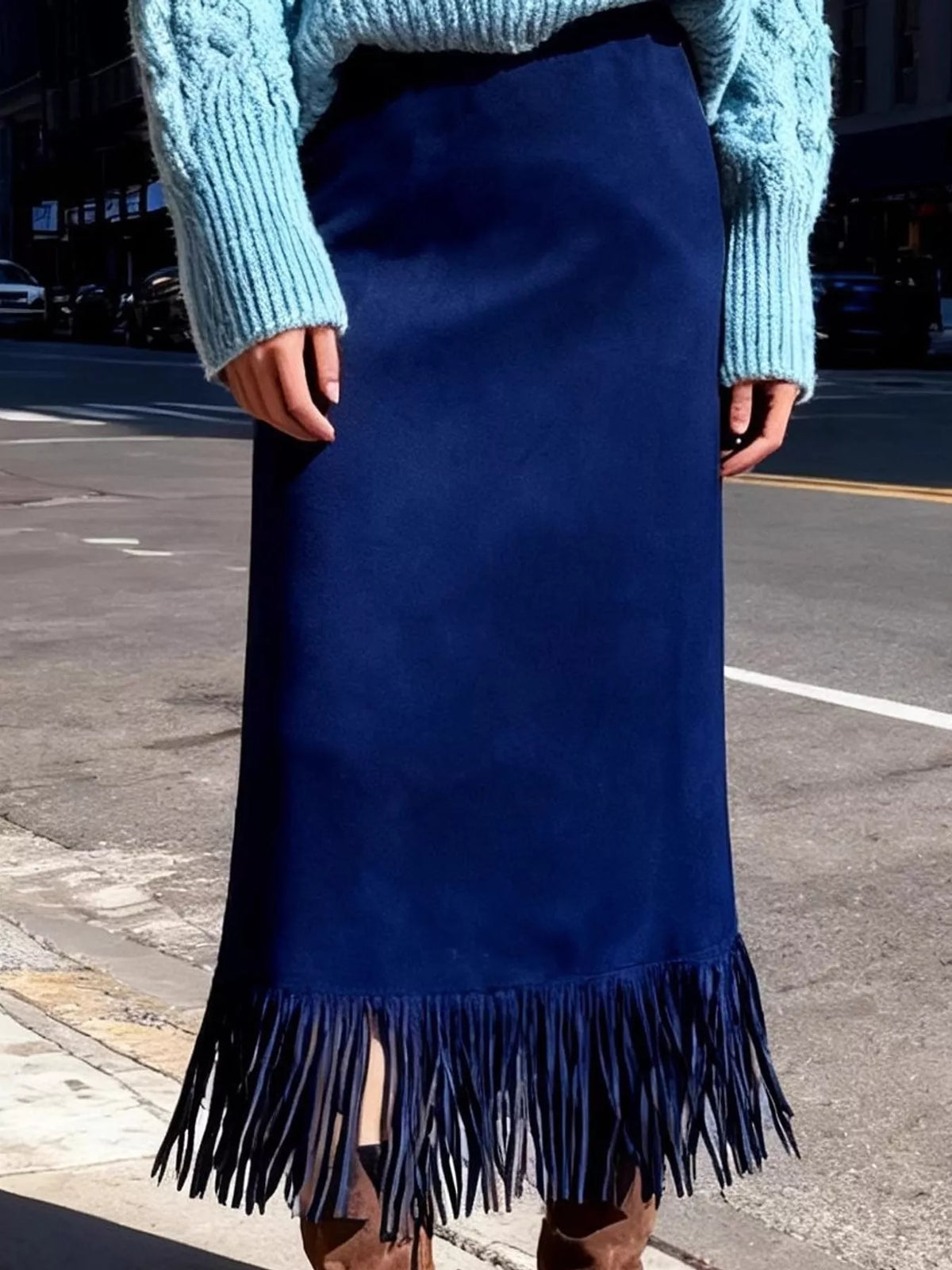 Navy fringe midi skirt
