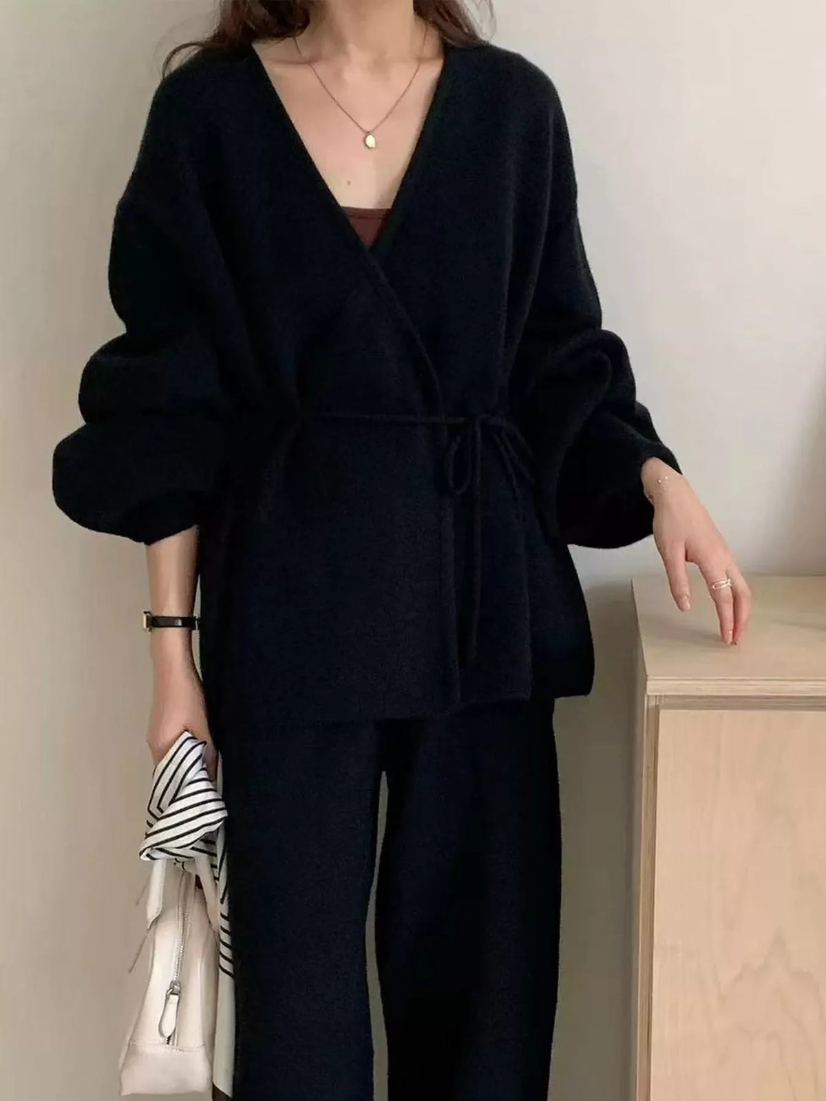 V-Neck Wrap Cardigan and Wide-Leg Pants Sweater Set in black
