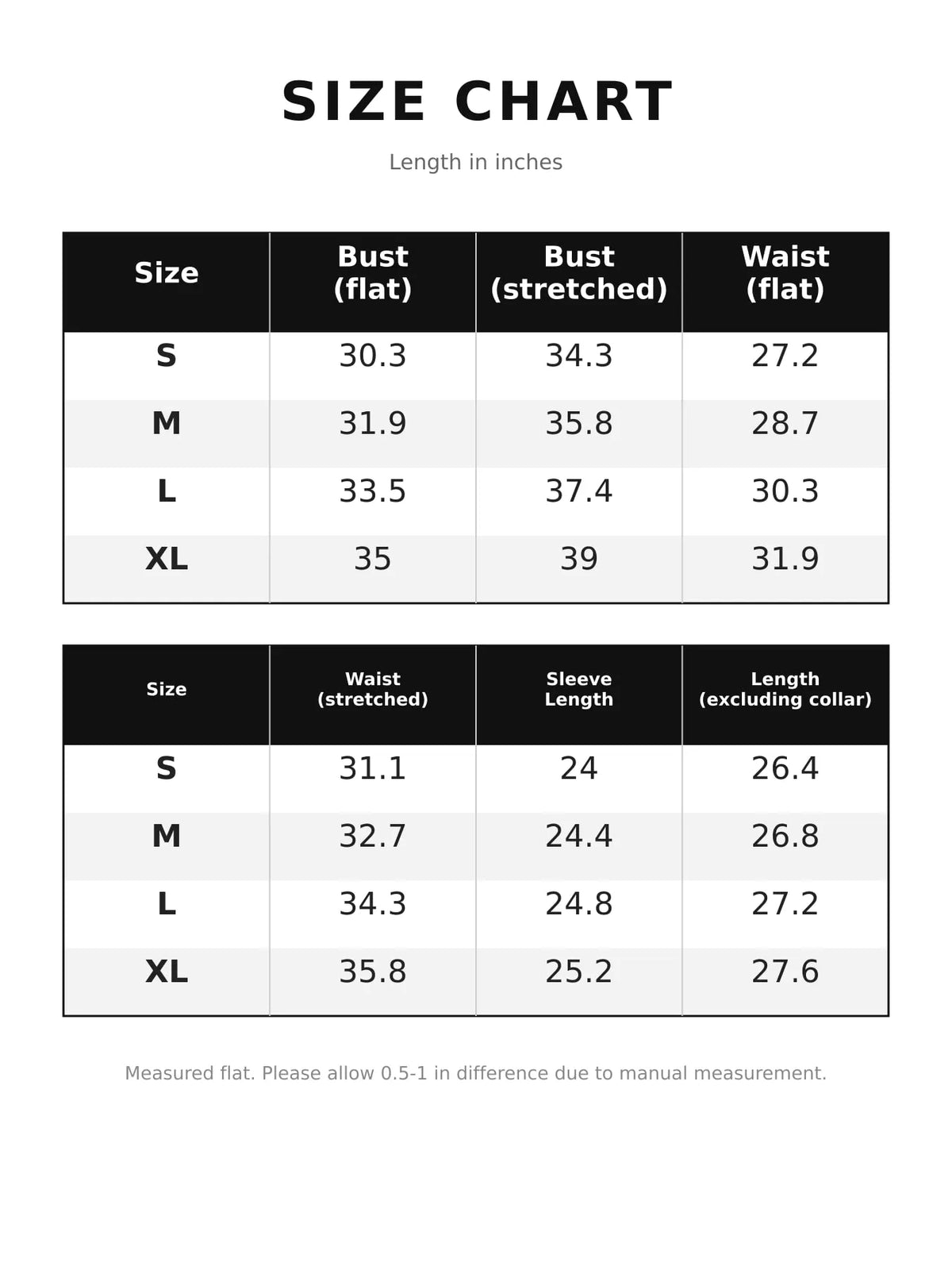 Size chart for long sleeve turtleneck slim-fit bodysuit