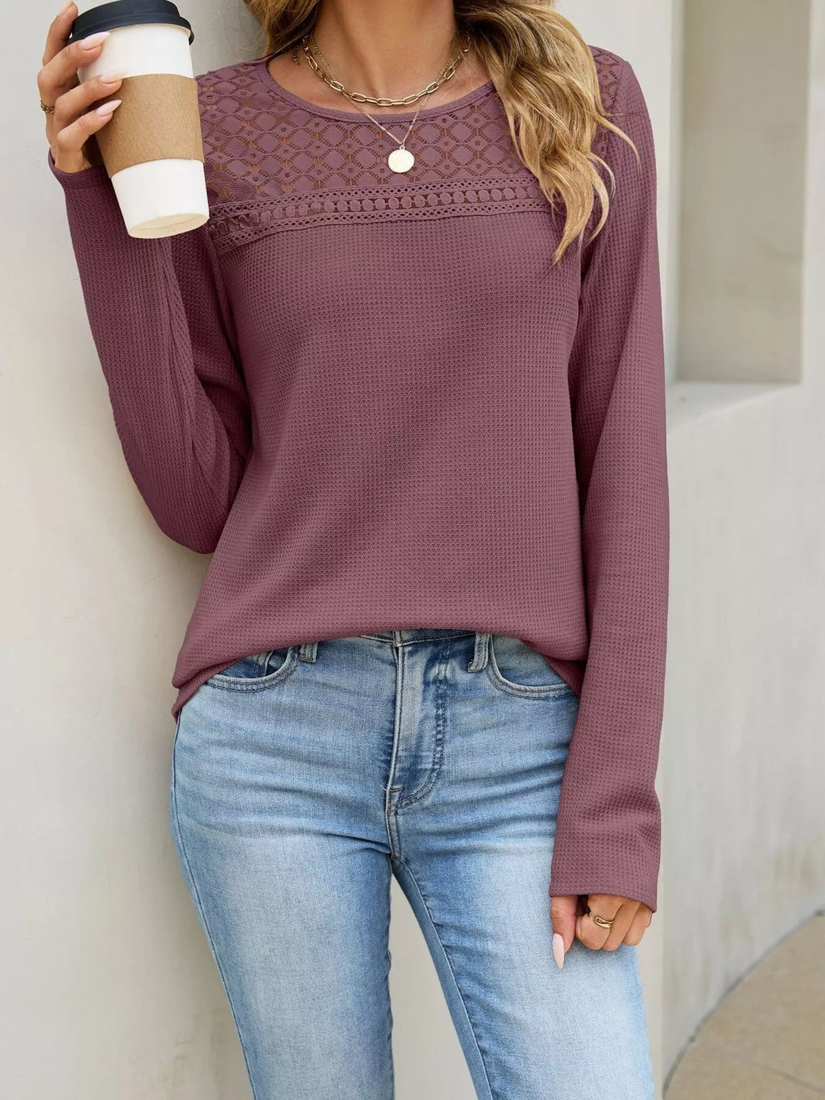 Trendsi Lace Panel Waffle Knit Long Sleeve T-Shirt -