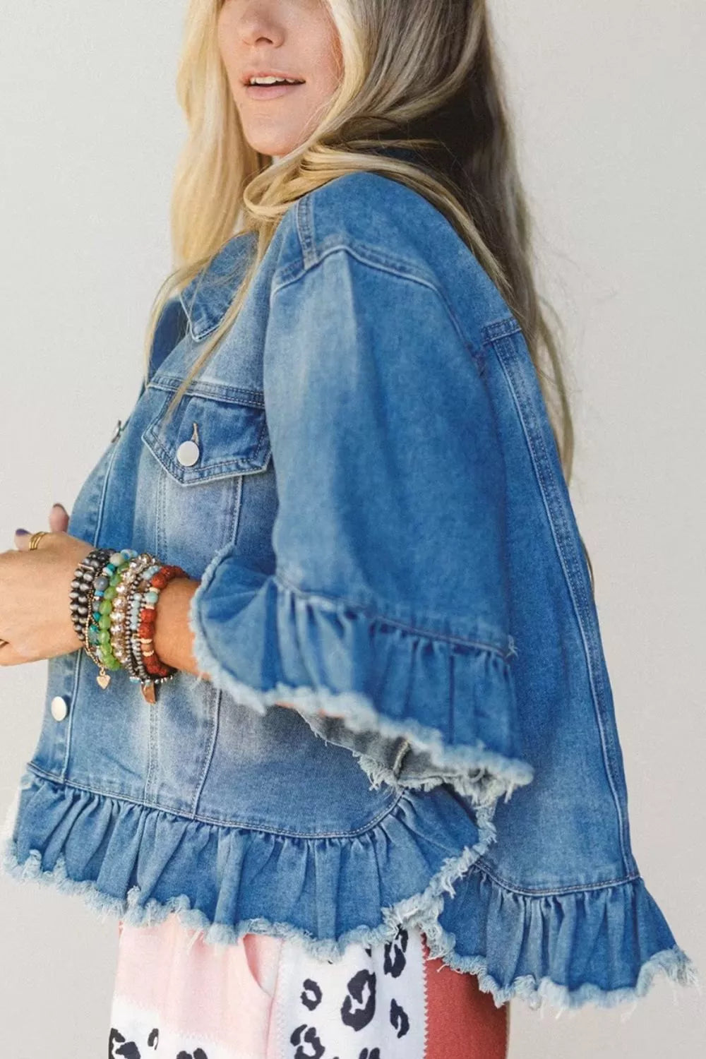 Trendsi Ruffle Hem Raw Edge Half Sleeve Western Denim Jacket -