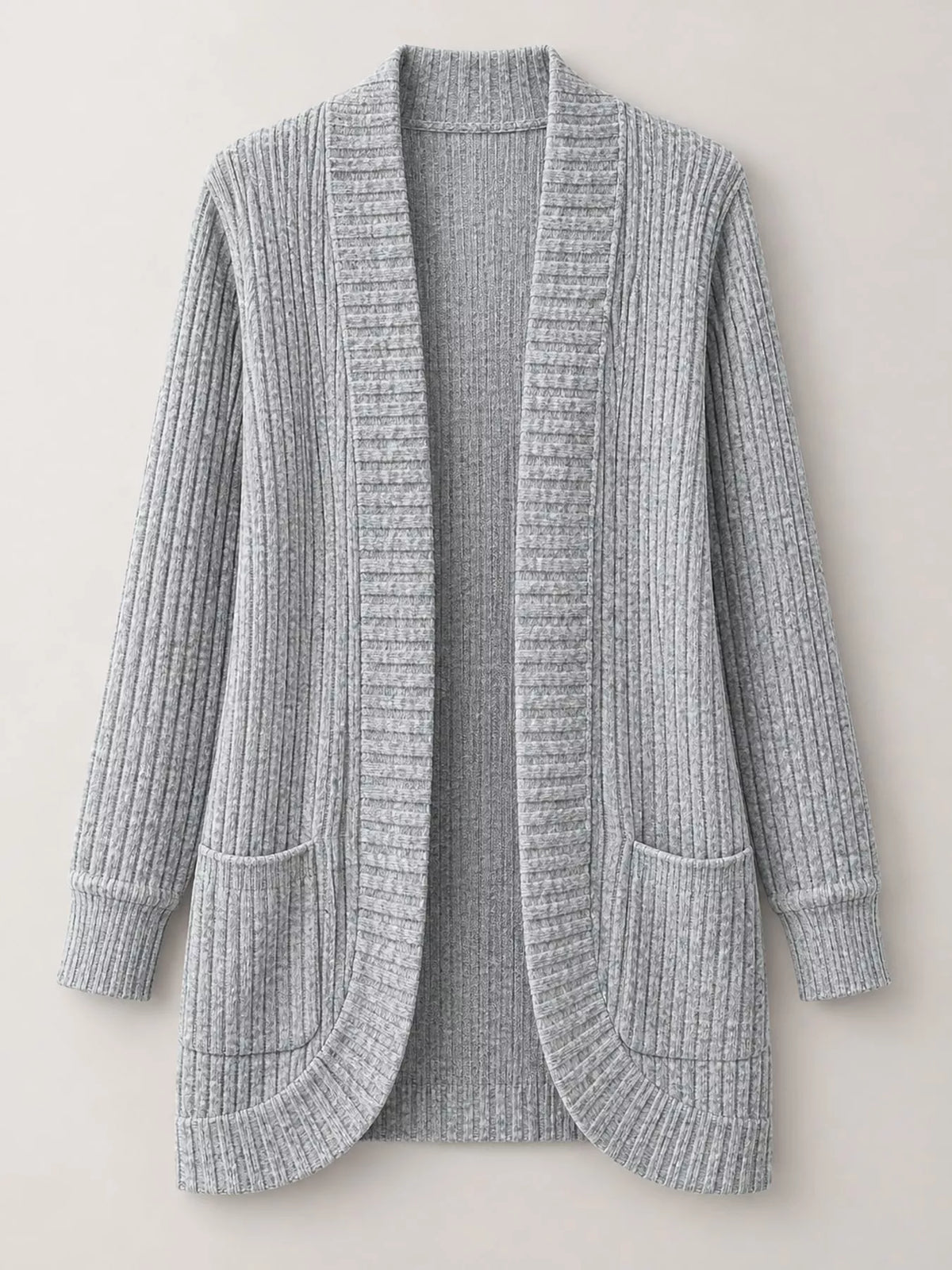 Gray ribbed open-front longline cardigan