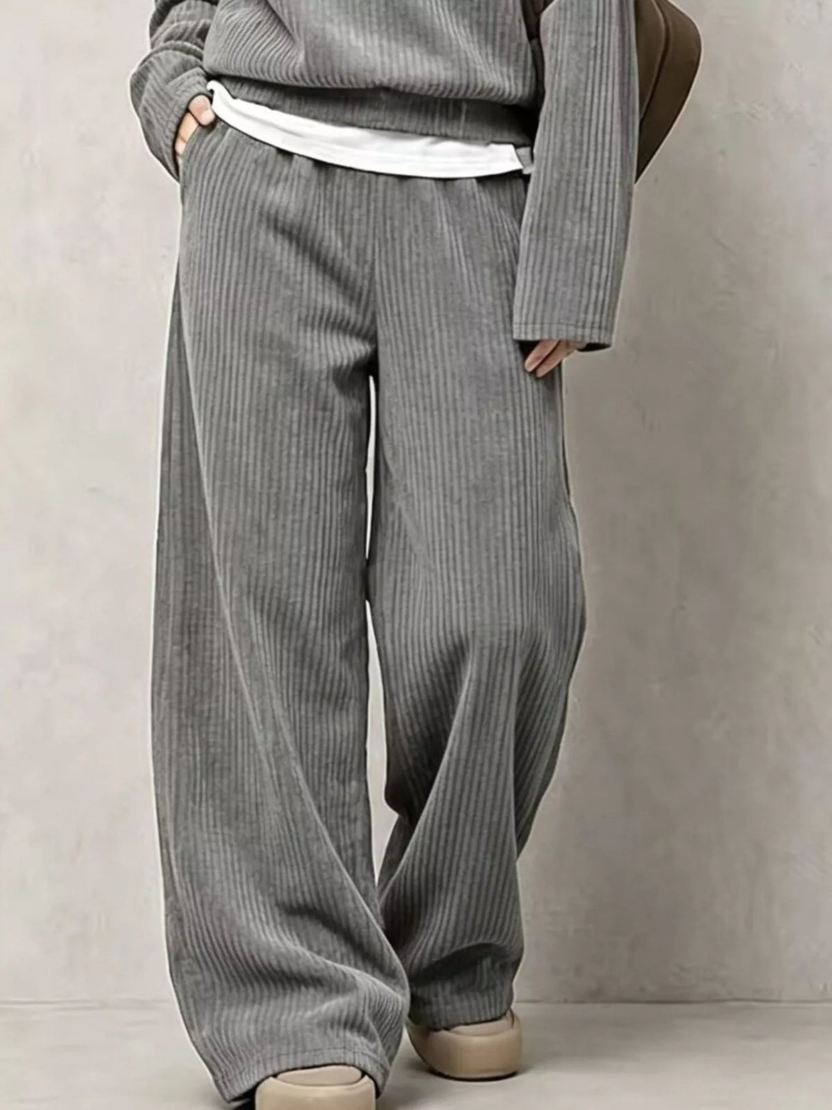 Women's Corduroy Button Detail Top and Wide-Leg Pants Set in gray — pants detail view