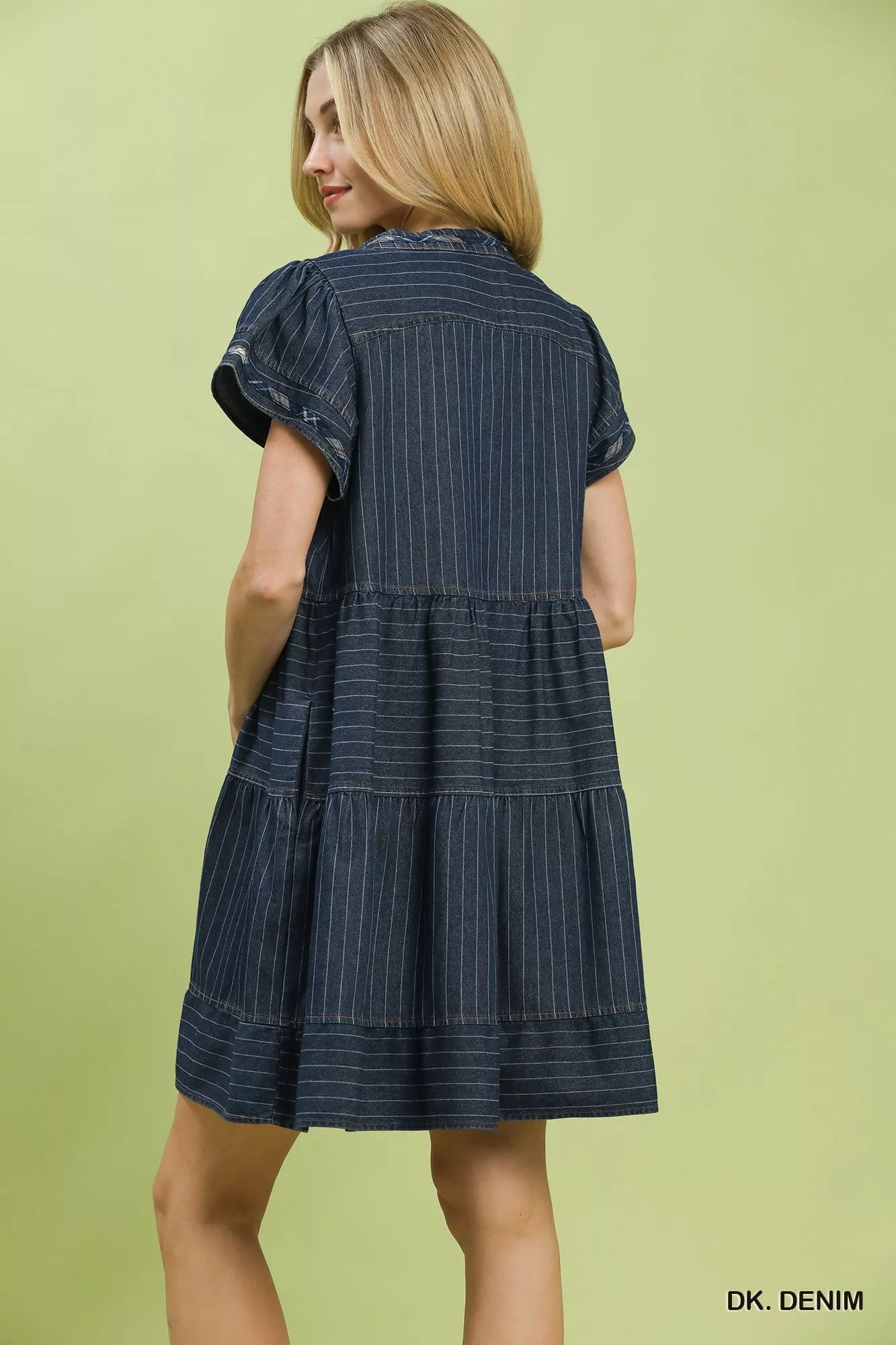 Women's striped chambray tiered babydoll dress with flutter sleeves - product view 3
