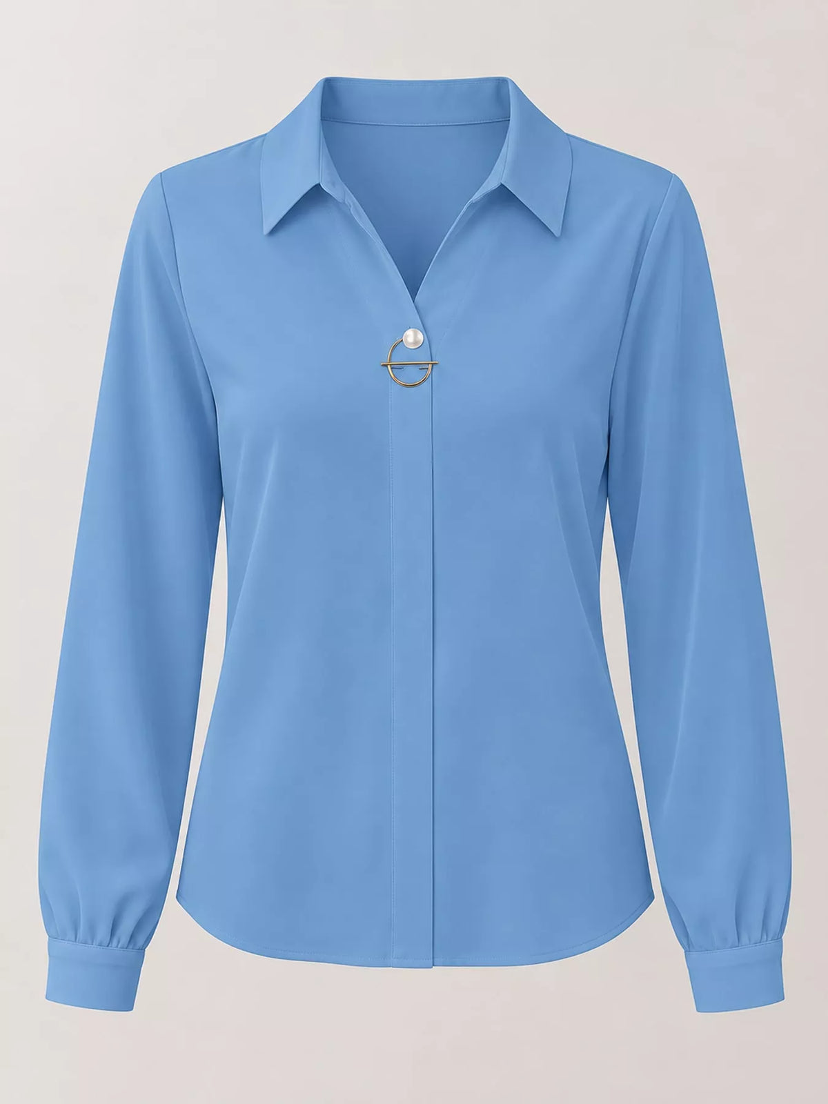 Women's Collared Clasp Detail Long Sleeve Satin Blouse in light blue — flat lay view