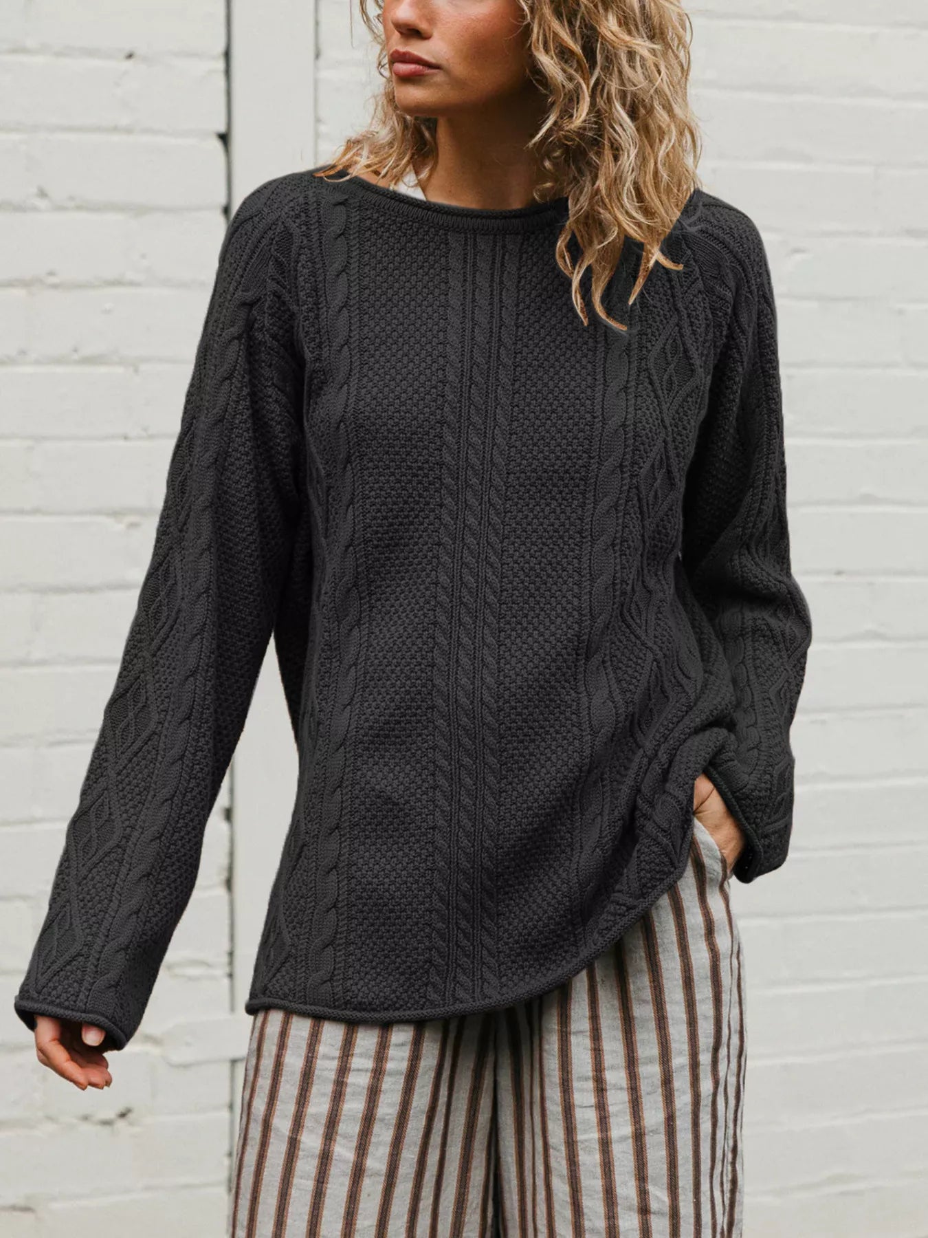 Trendsi Crew Neck Cable-Knit Sweater -