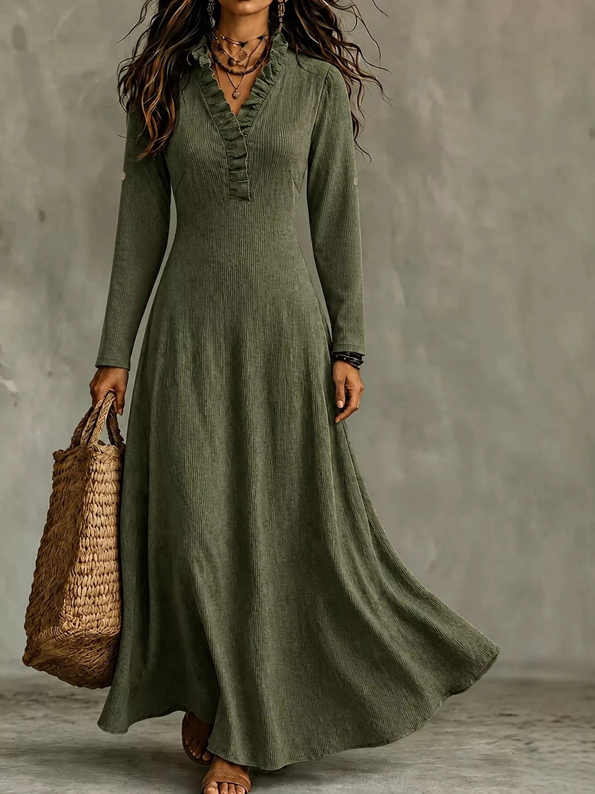 Frill-trim maxi dress, olive front