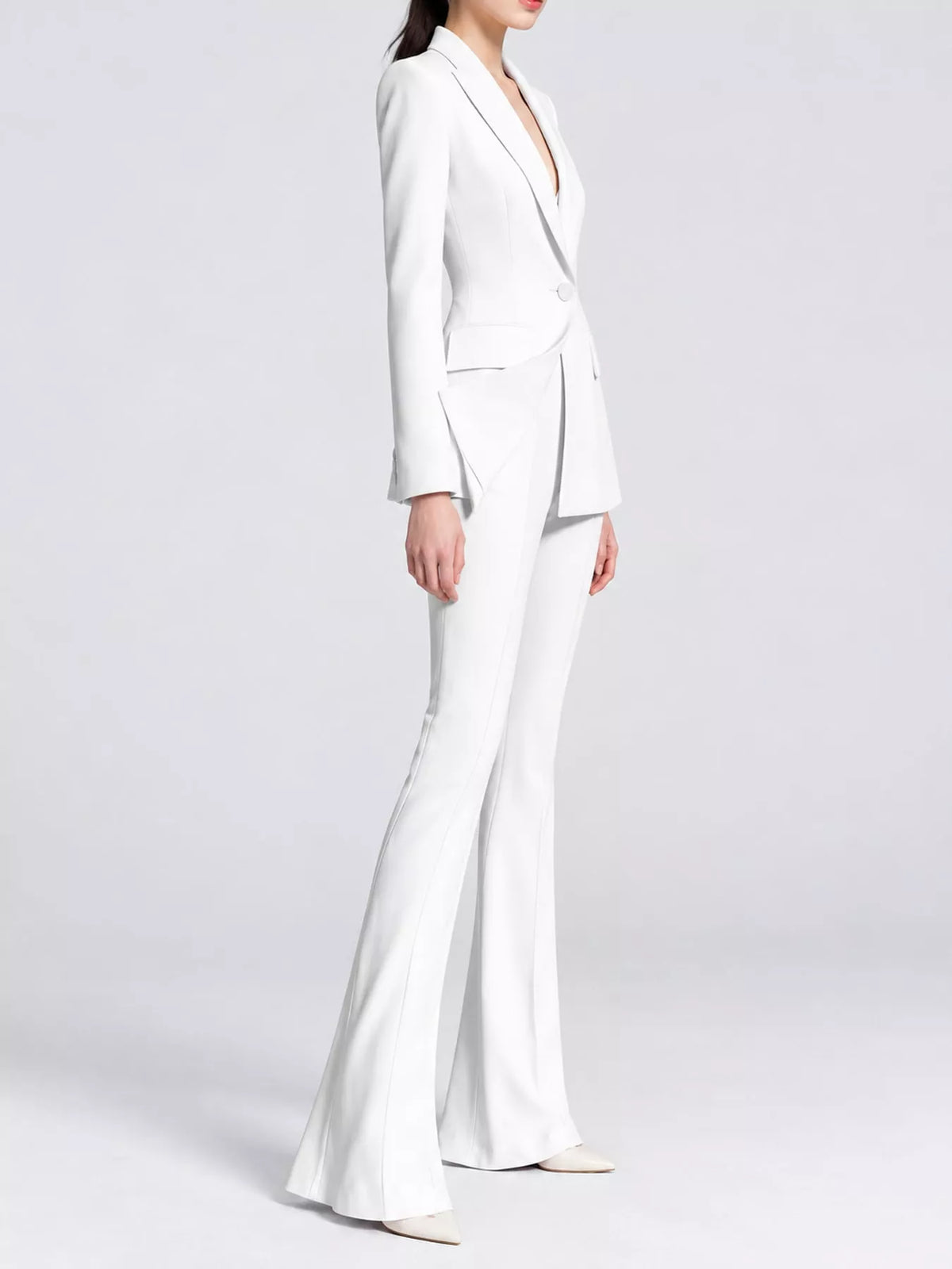 White one-button blazer and flared pants set