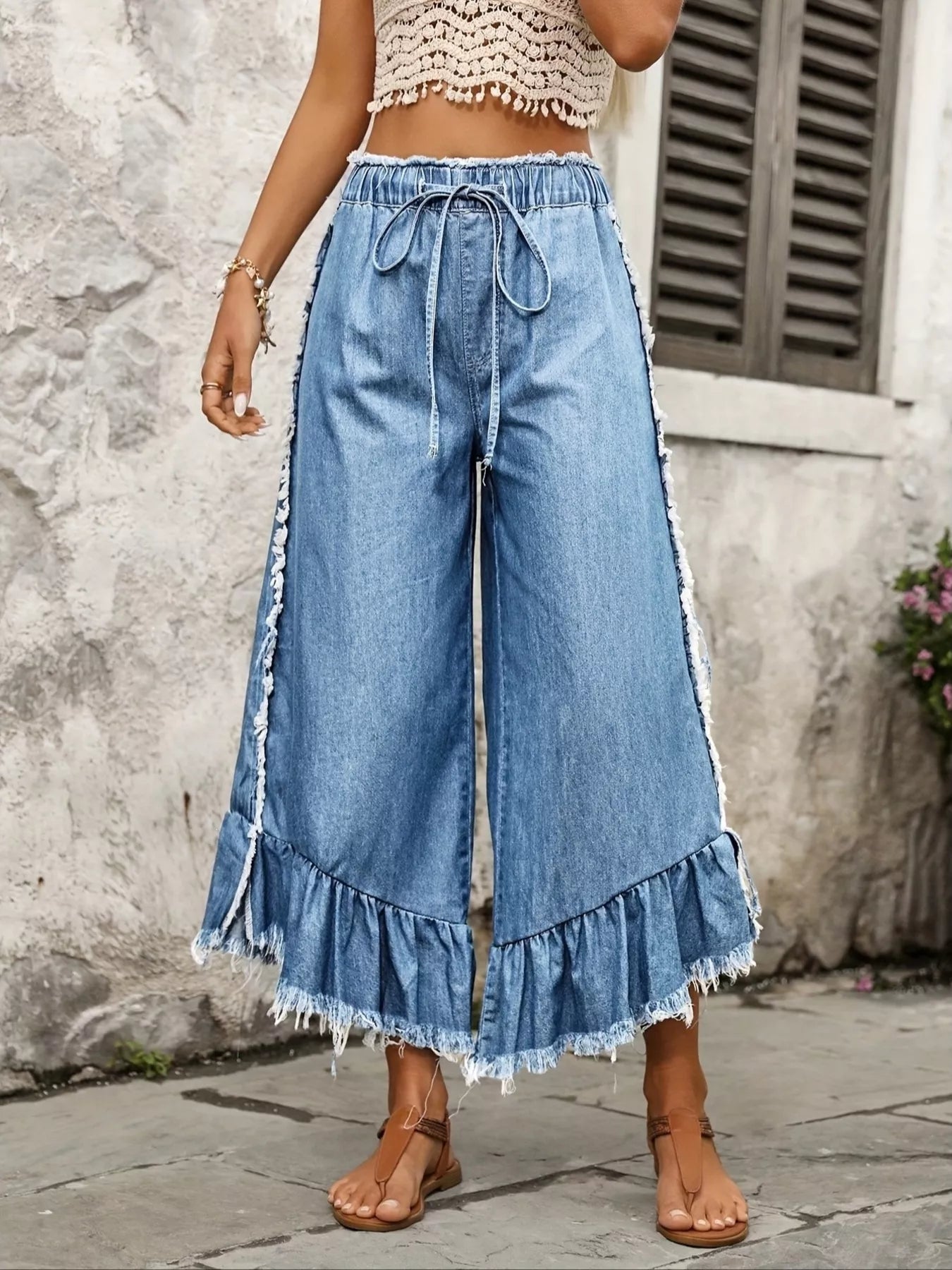 Trendsi Drawstring Wide-Leg Ruffle Hem Jeans -