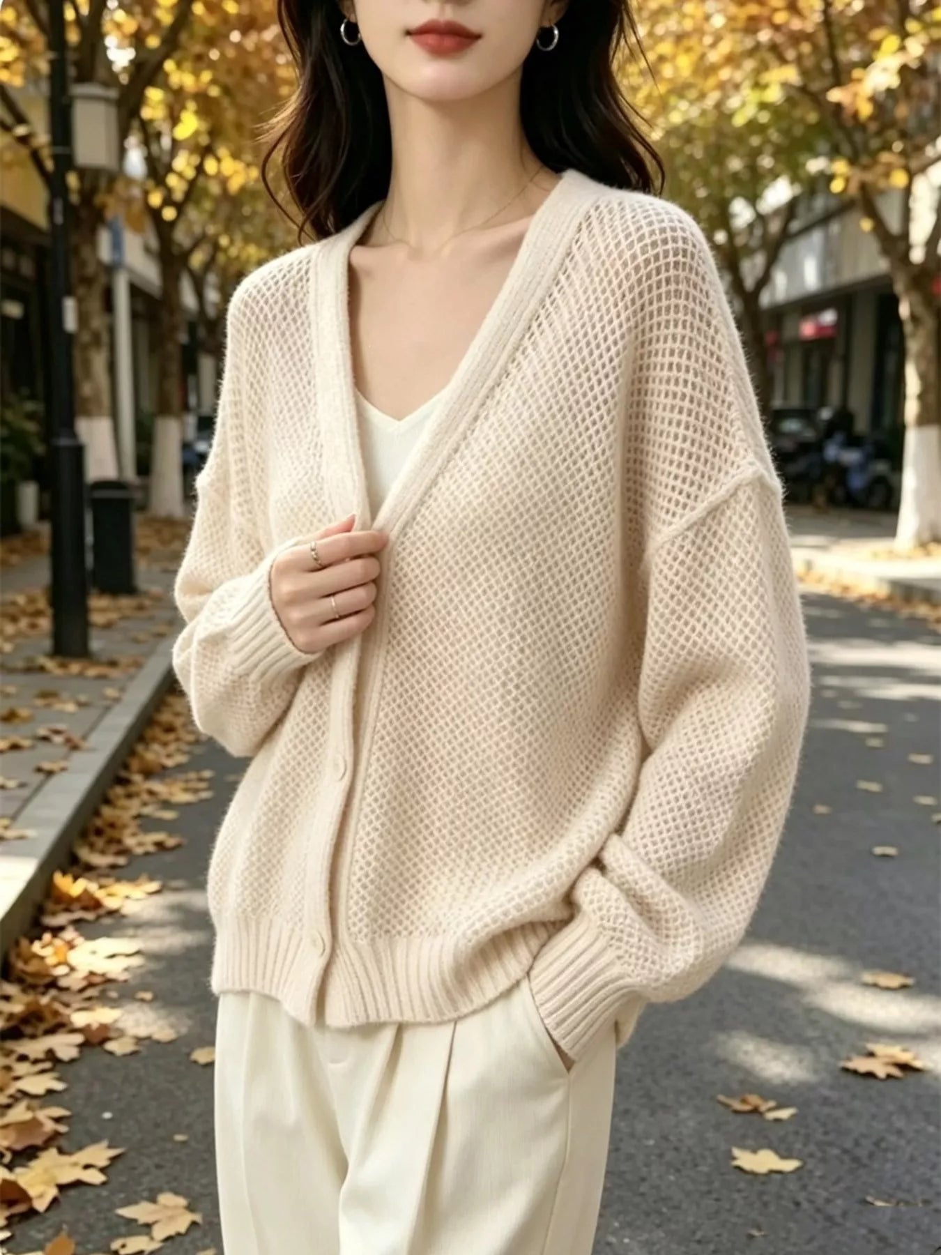 Trendsi V-Neck Open-Knit Button-Down Cardigan -