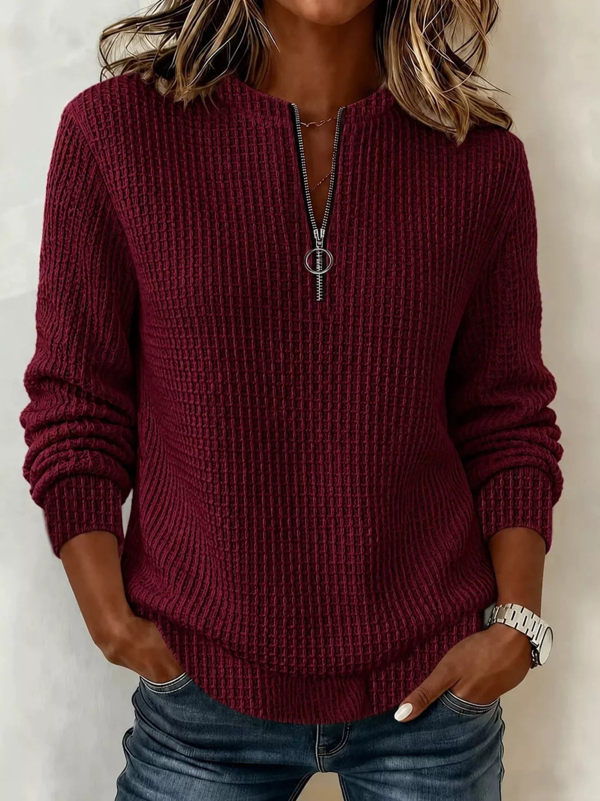 Women's Quarter-Zip Waffle Knit Sweatshirt in burgundy — front view