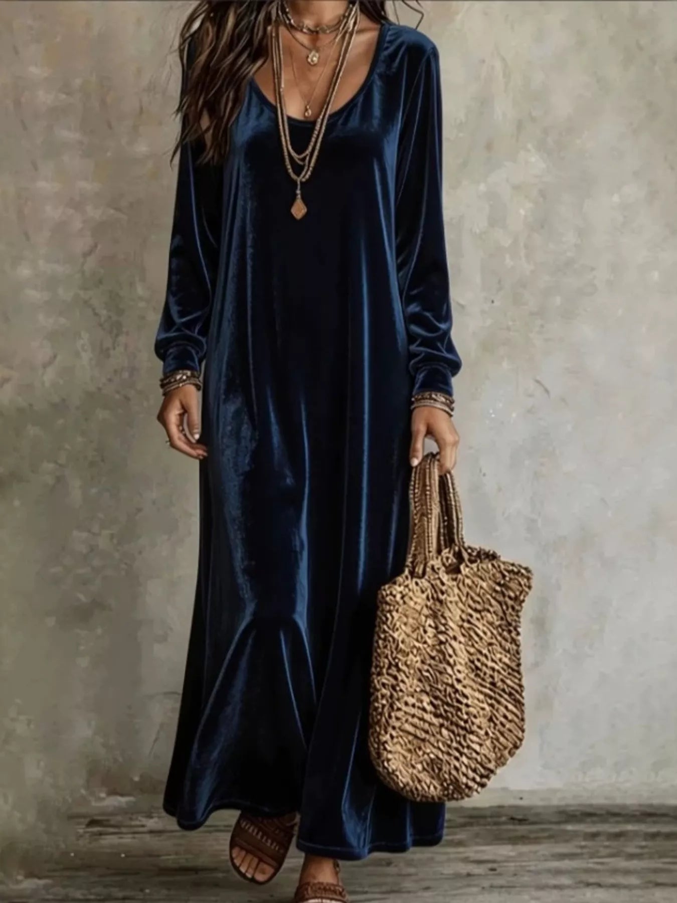 Trendsi Velvet Maxi Dress with Flowy Hem -