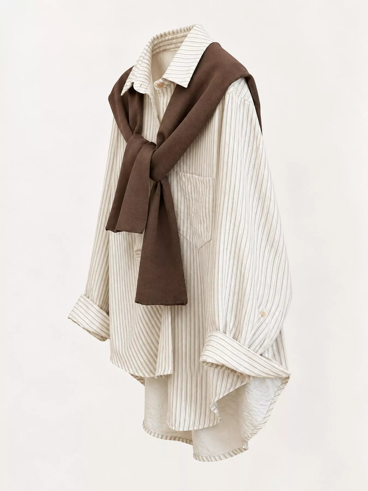 Striped High-Low Shirt with Knit Shawl — garment front