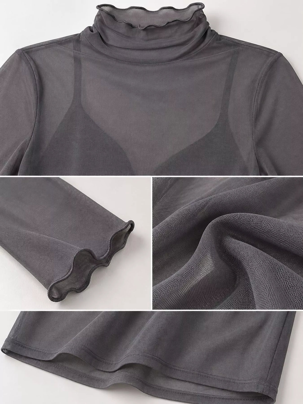 Gray sheer turtleneck mesh t-shirt, lettuce-trim neckline, cuff, hem, and sheer fabric close-ups