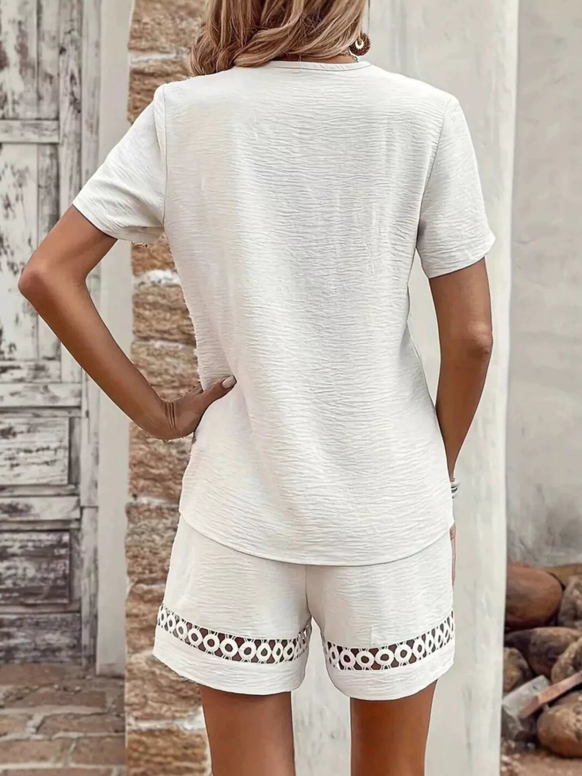 Lace Trim Short Sleeve Top and Shorts Set in white, back view