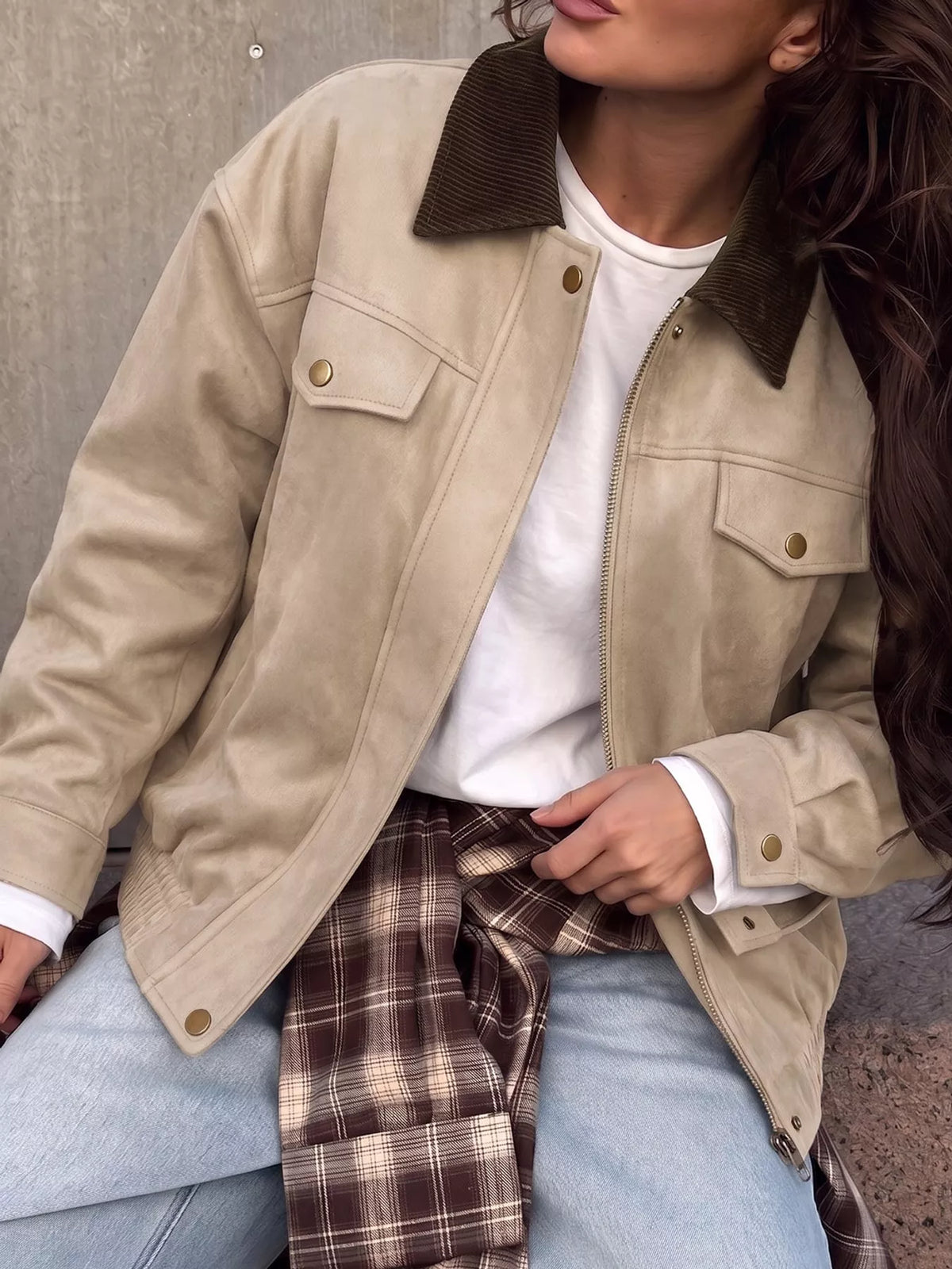 Beige zip-up dropped shoulder jacket — front view