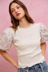 Trendsi SO ME Floral Cotton Contrast Sleeves Scallop Sweater Top -